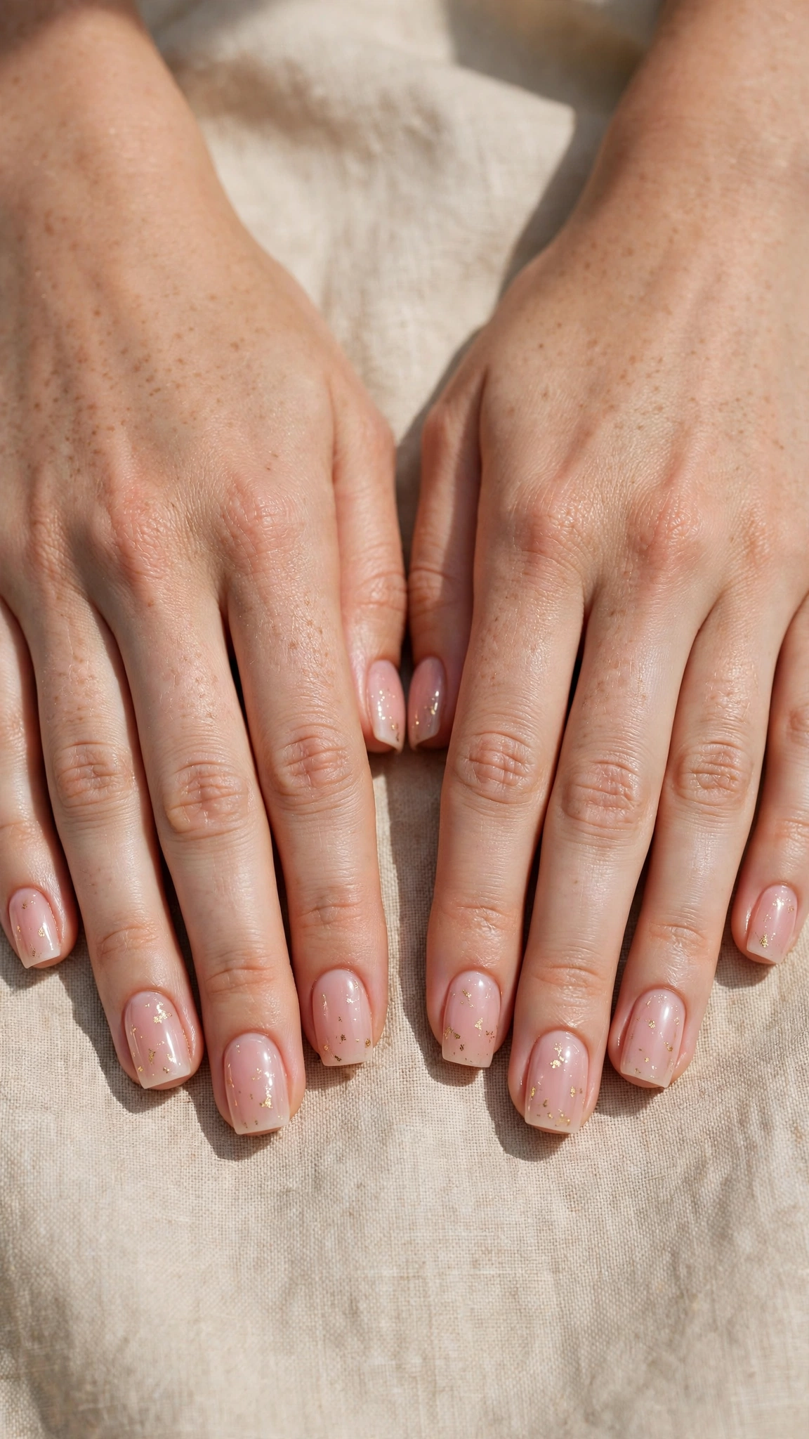 Romantic Nude Pink Nails in Short Square with Fine Gold Foil Fleck