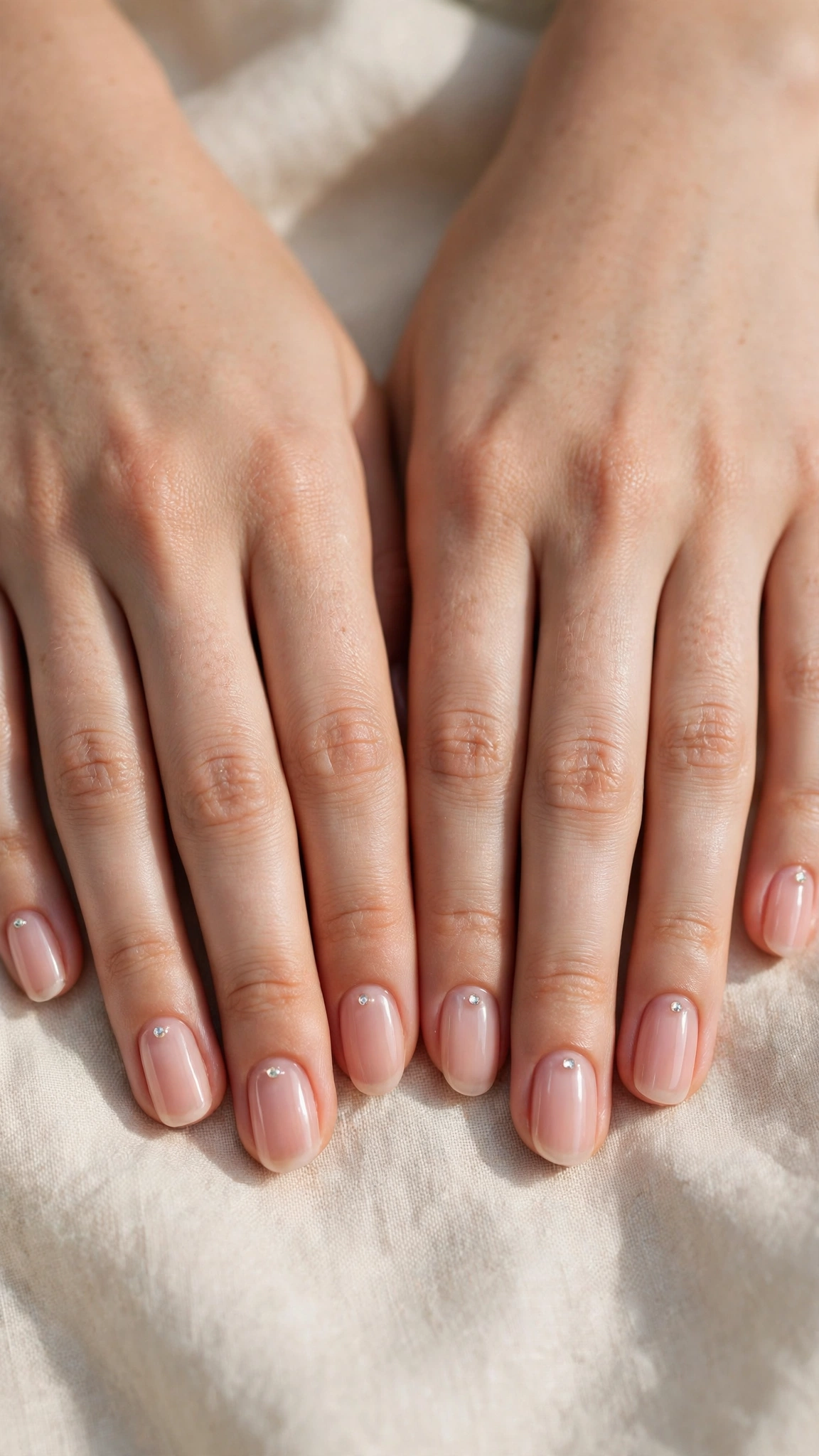 Romantic Nude Pink Nails in Round with Tiny Crystal