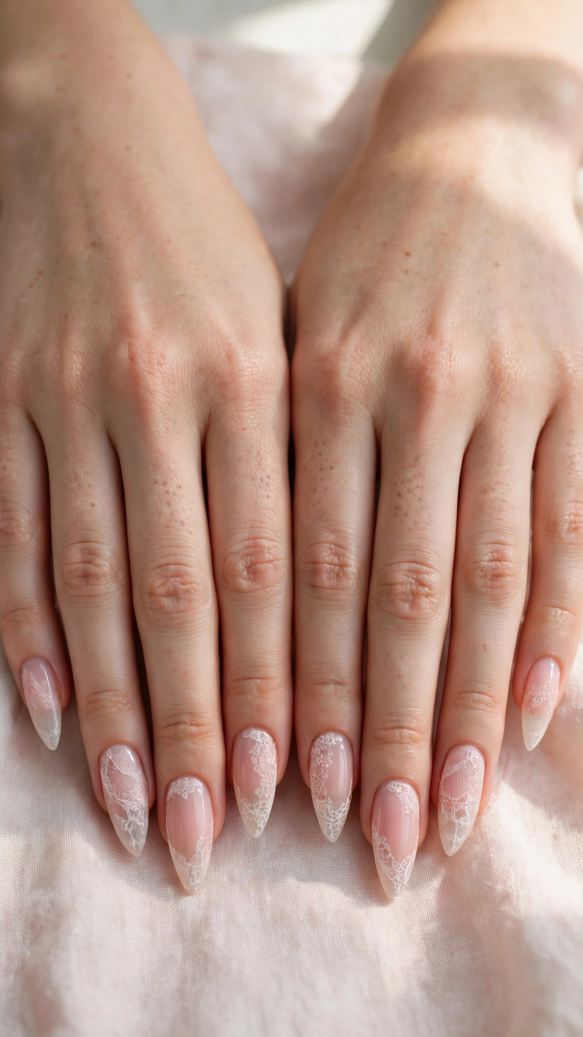 Romantic Nude Pink Nails in Soft Stiletto with Lace-Like Detail