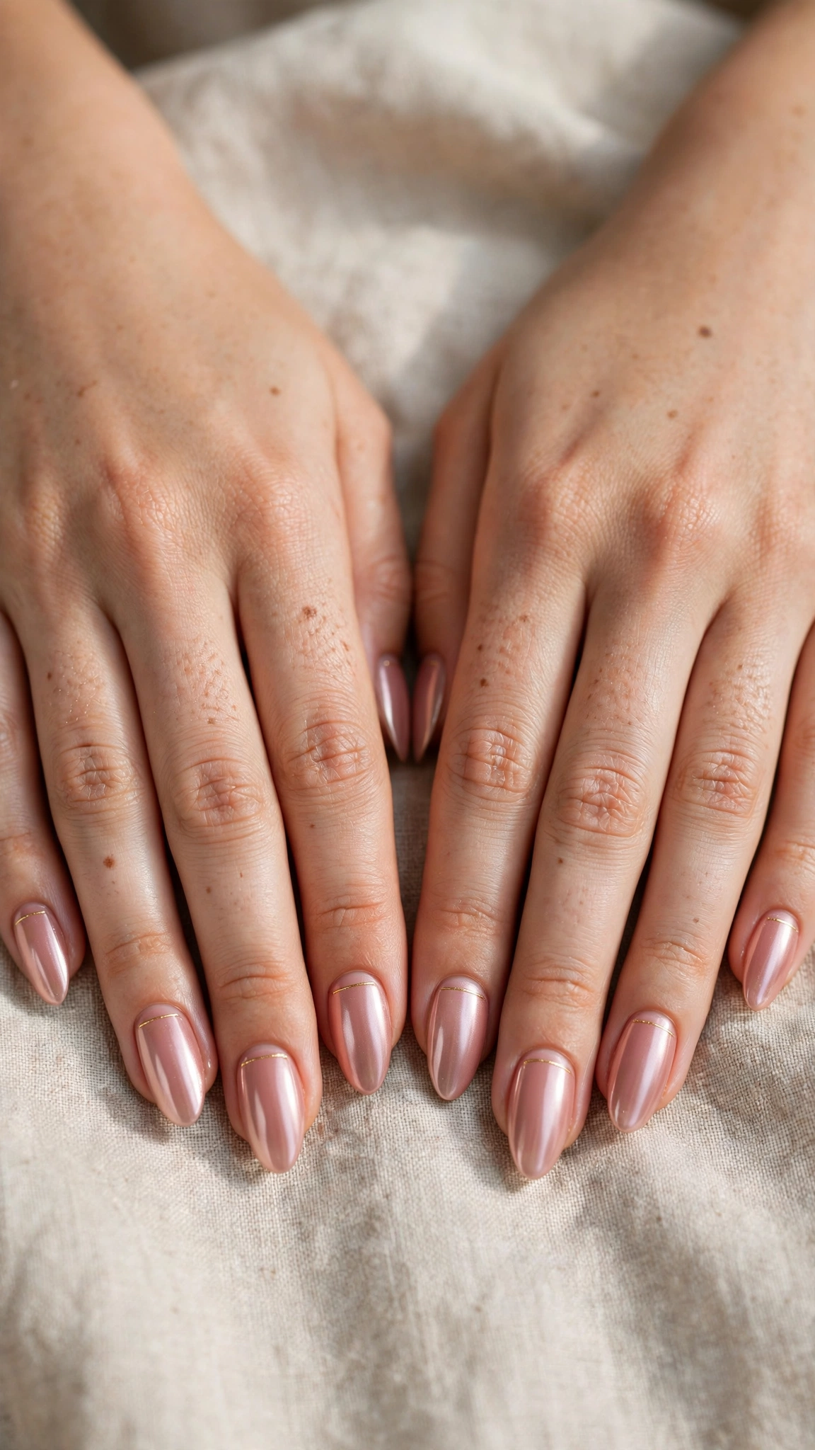 Romantic Nude Pink Nails in Almond with Tiny Gold Line Chrome Finish