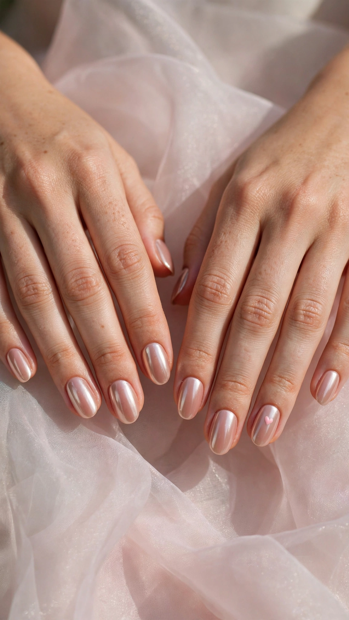 Romantic Nude Pink Nails in Oval with Single Tiny Heart Chrome Finish