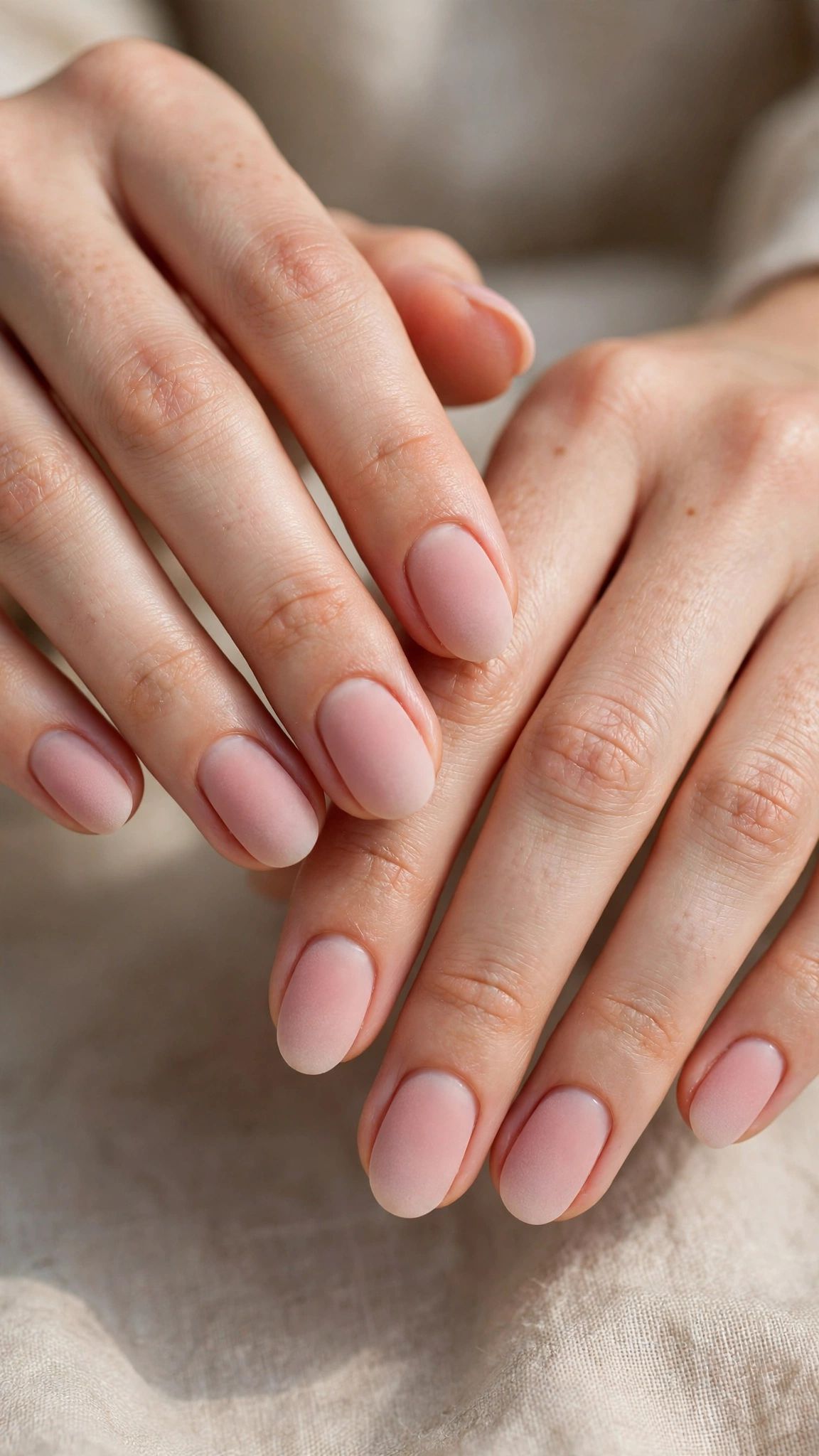 Romantic Nude Pink Nails in Short Oval with Soft Ombre Fade Velvet-Matte Finish