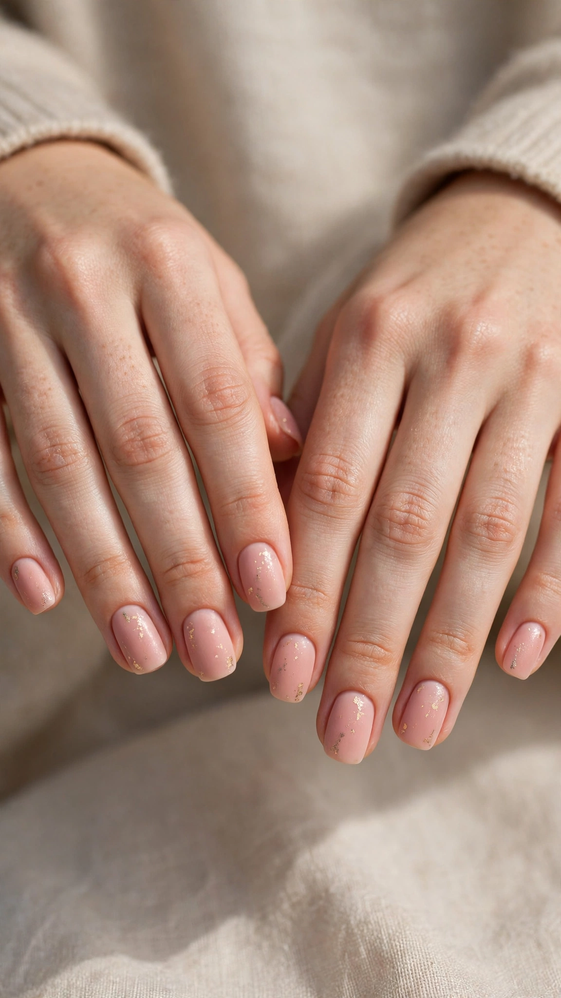 Romantic Nude Pink Nails in Rounded Square with Fine Gold Foil Fleck Velvet-Matte Finish