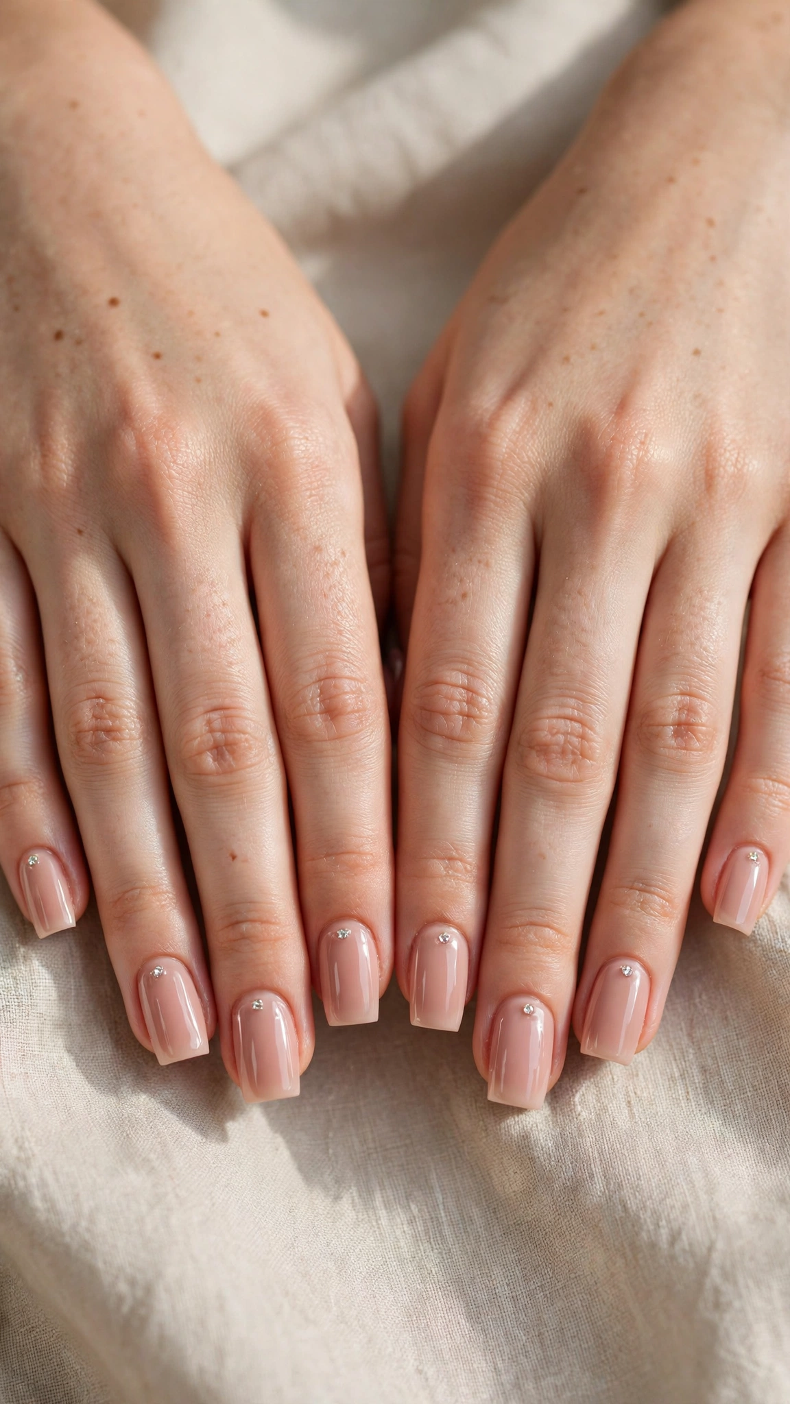 Romantic Nude Pink Nails in Square with Tiny Crystal High-Shine Finish