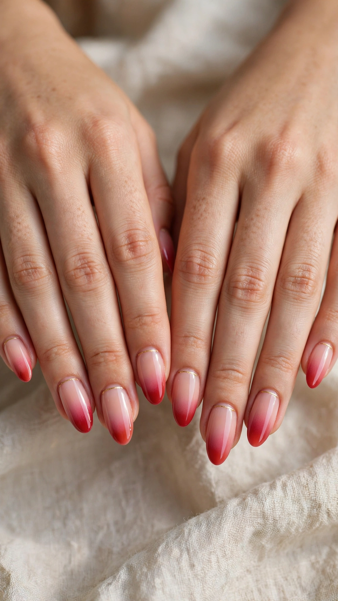Romantic Red and Pink Ombre Nails in Almond with Tiny Gold Line