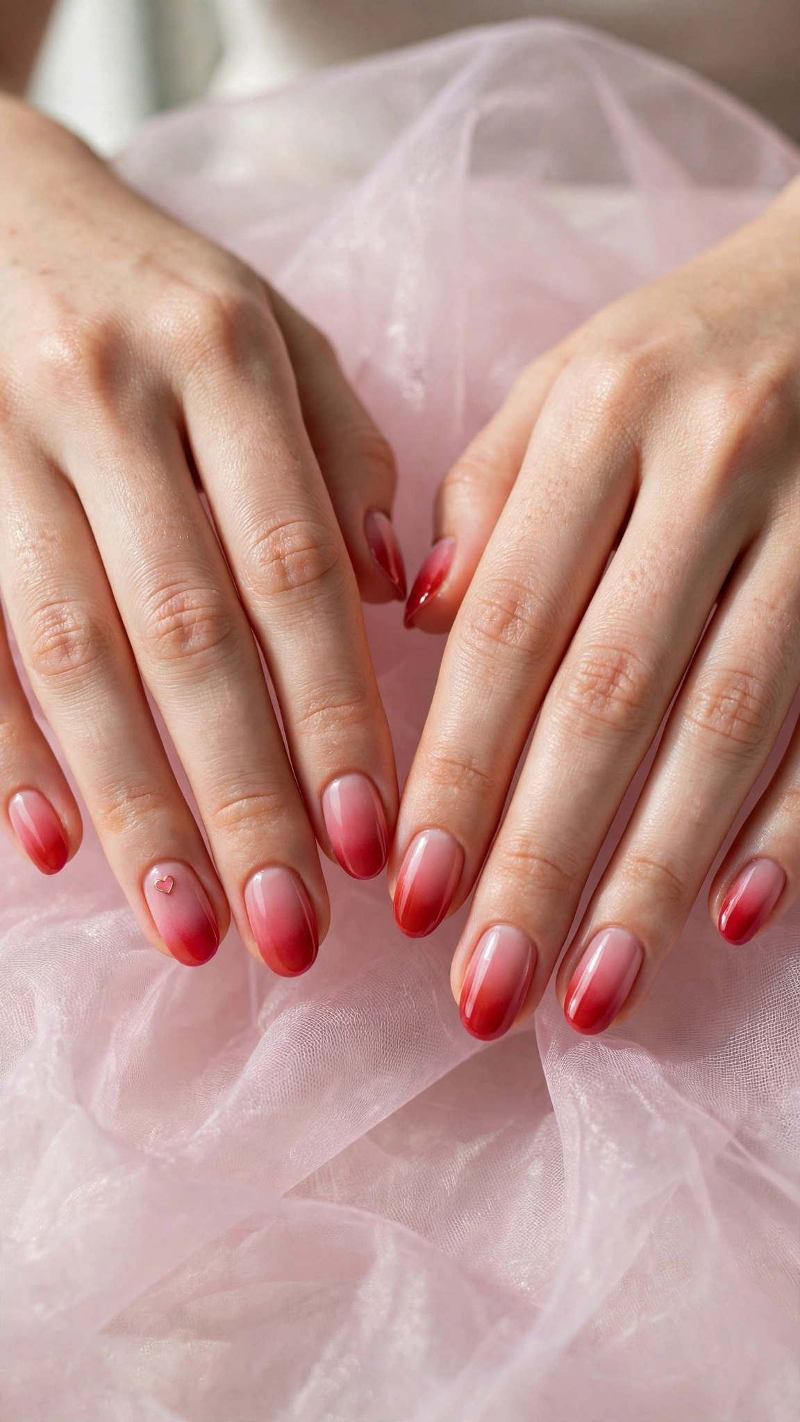 Romantic Red and Pink Ombre Nails in Oval with Single Tiny Heart