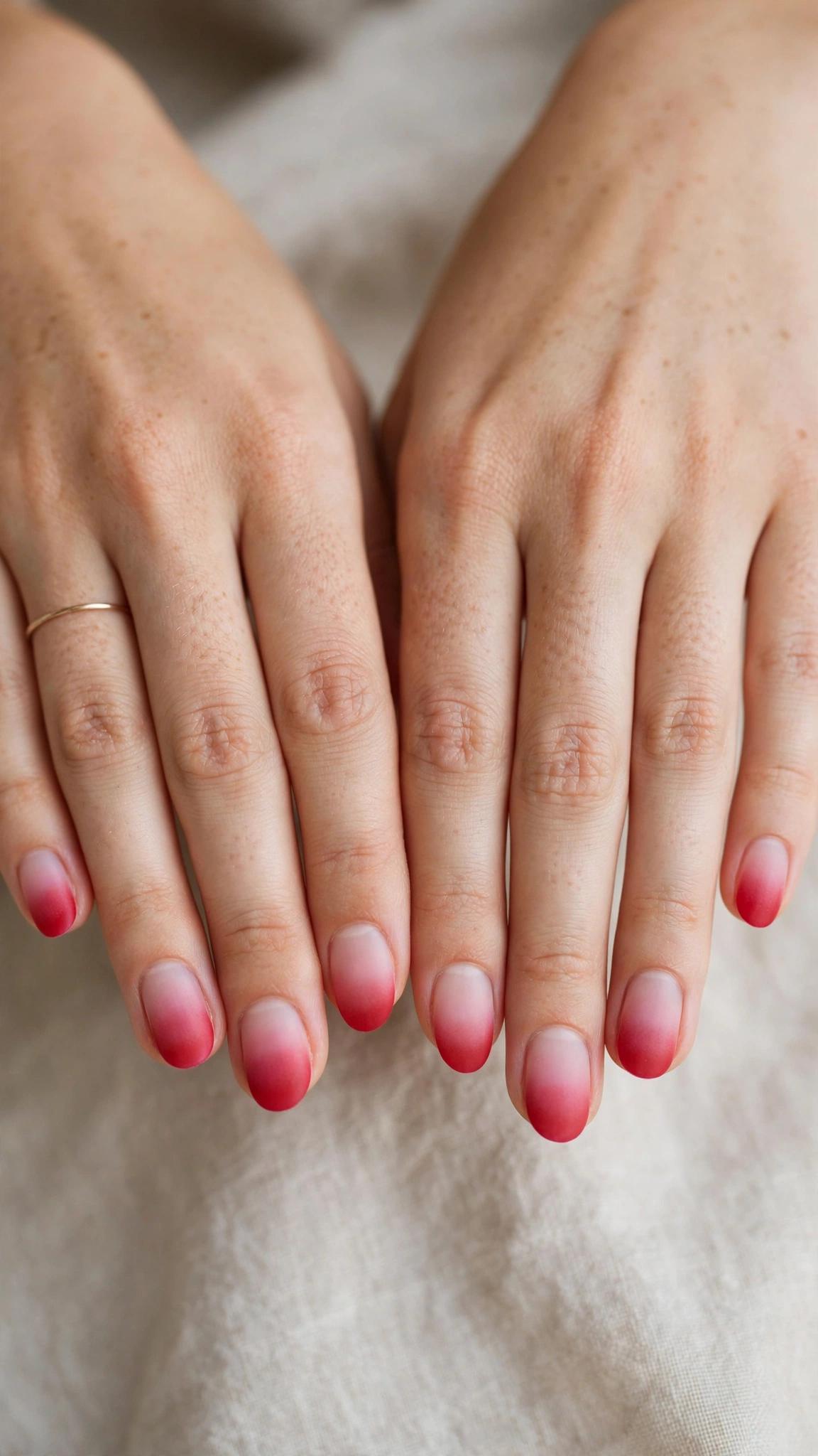 Romantic Red and Pink Ombre Nails in Short Oval with Soft Ombre Fade