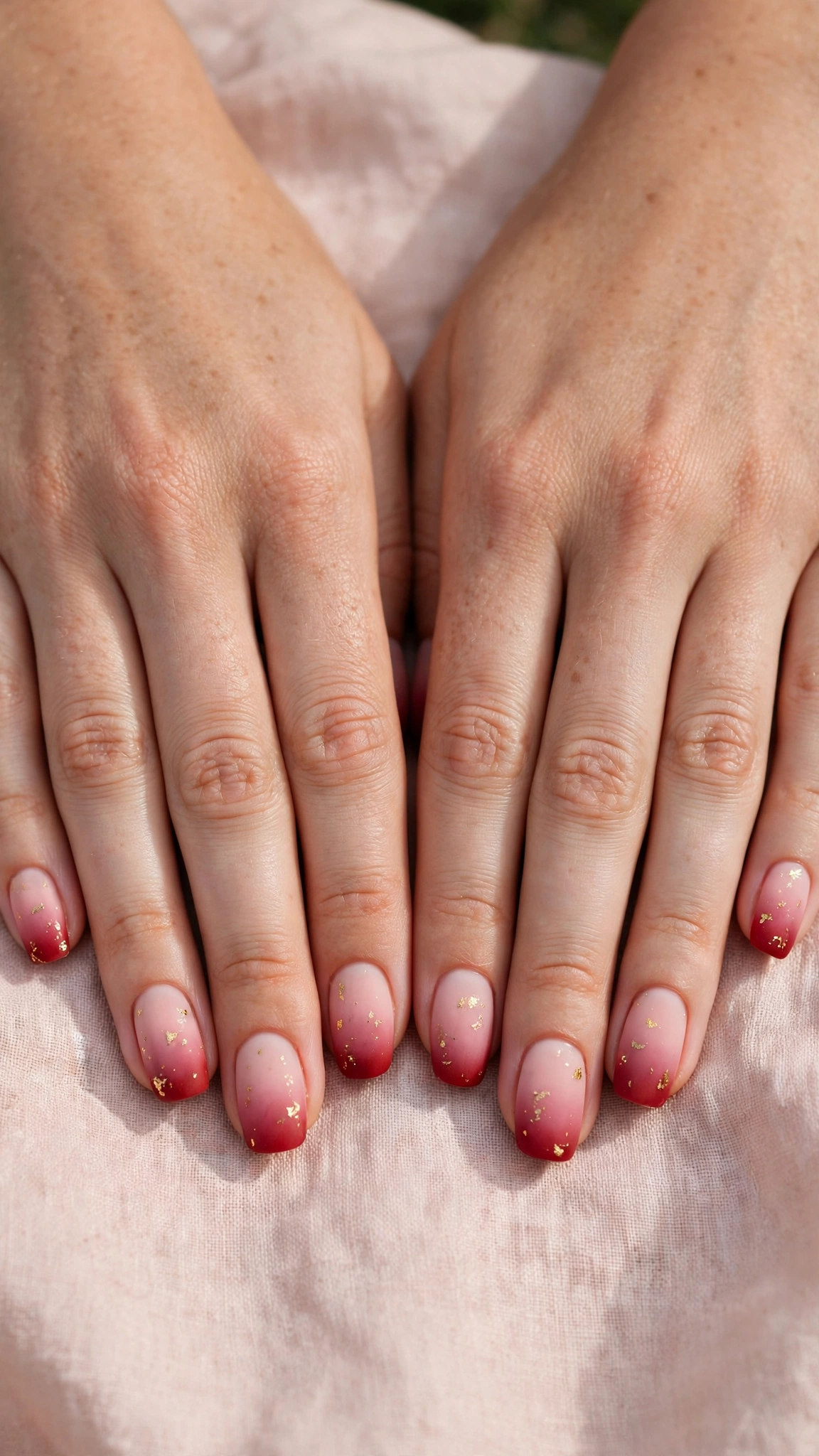 Romantic Red and Pink Ombre Nails in Rounded Square with Fine Gold Foil Fleck