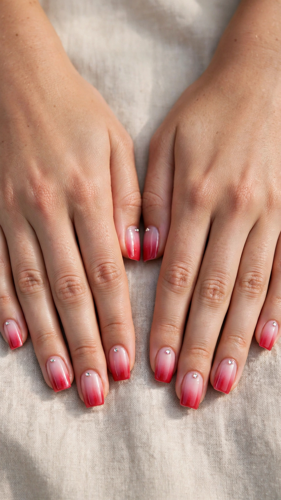 Romantic Red and Pink Ombre Nails in Square with Tiny Crystal