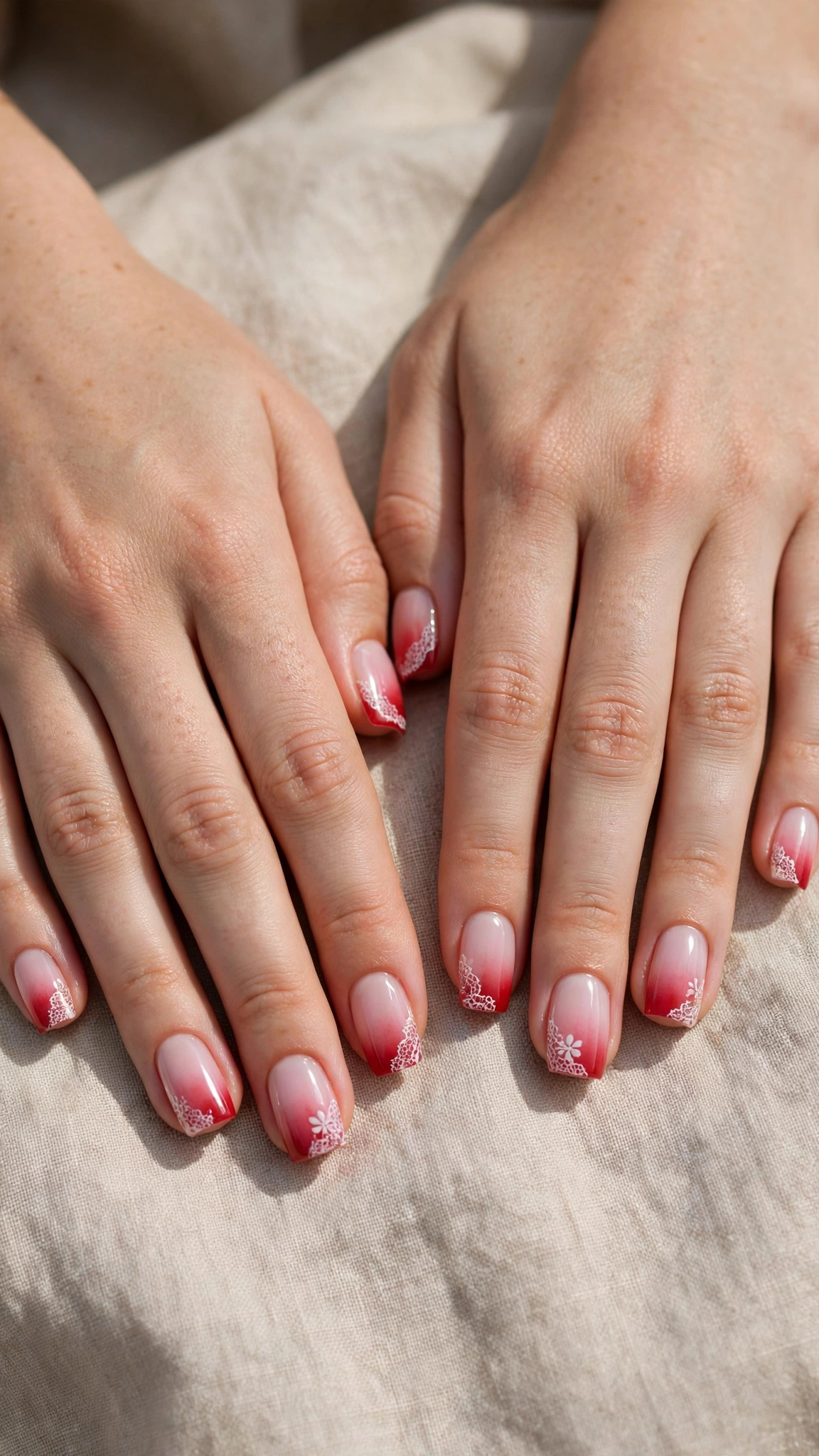 Romantic Red and Pink Ombre Nails in Short Square with Lace-Like Detail