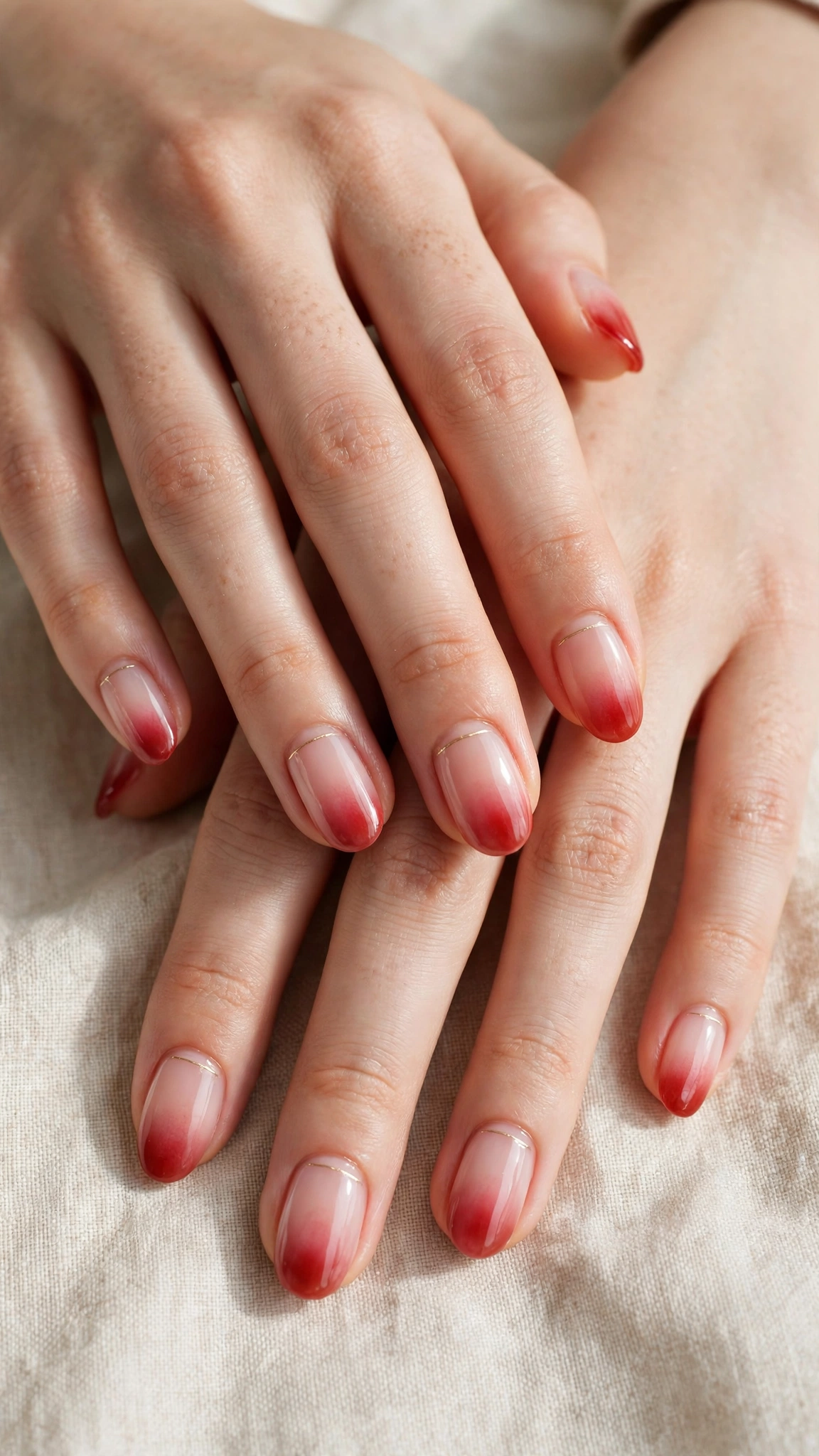Romantic Red and Pink Ombre Nails in Round with Tiny Gold Line