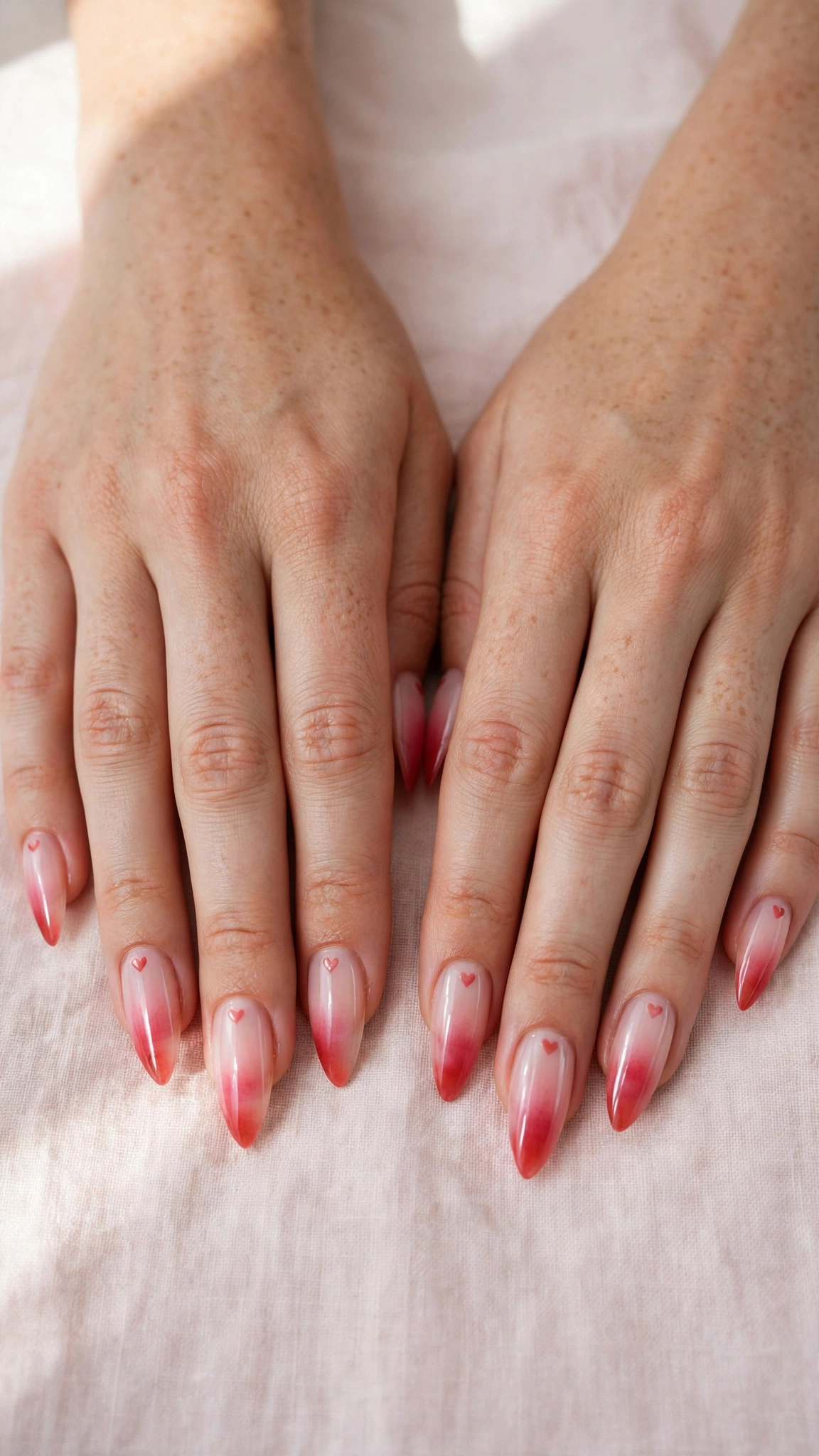 Romantic Red and Pink Ombre Nails in Soft Stiletto with Single Tiny Heart