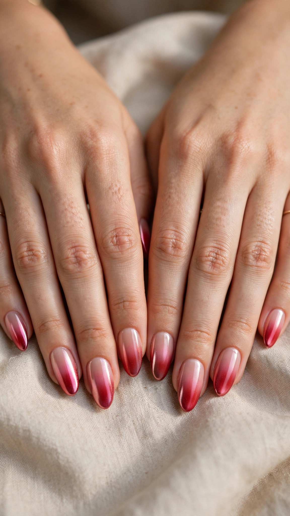 Romantic Red and Pink Ombre Nails in Almond with Soft Ombre Fade