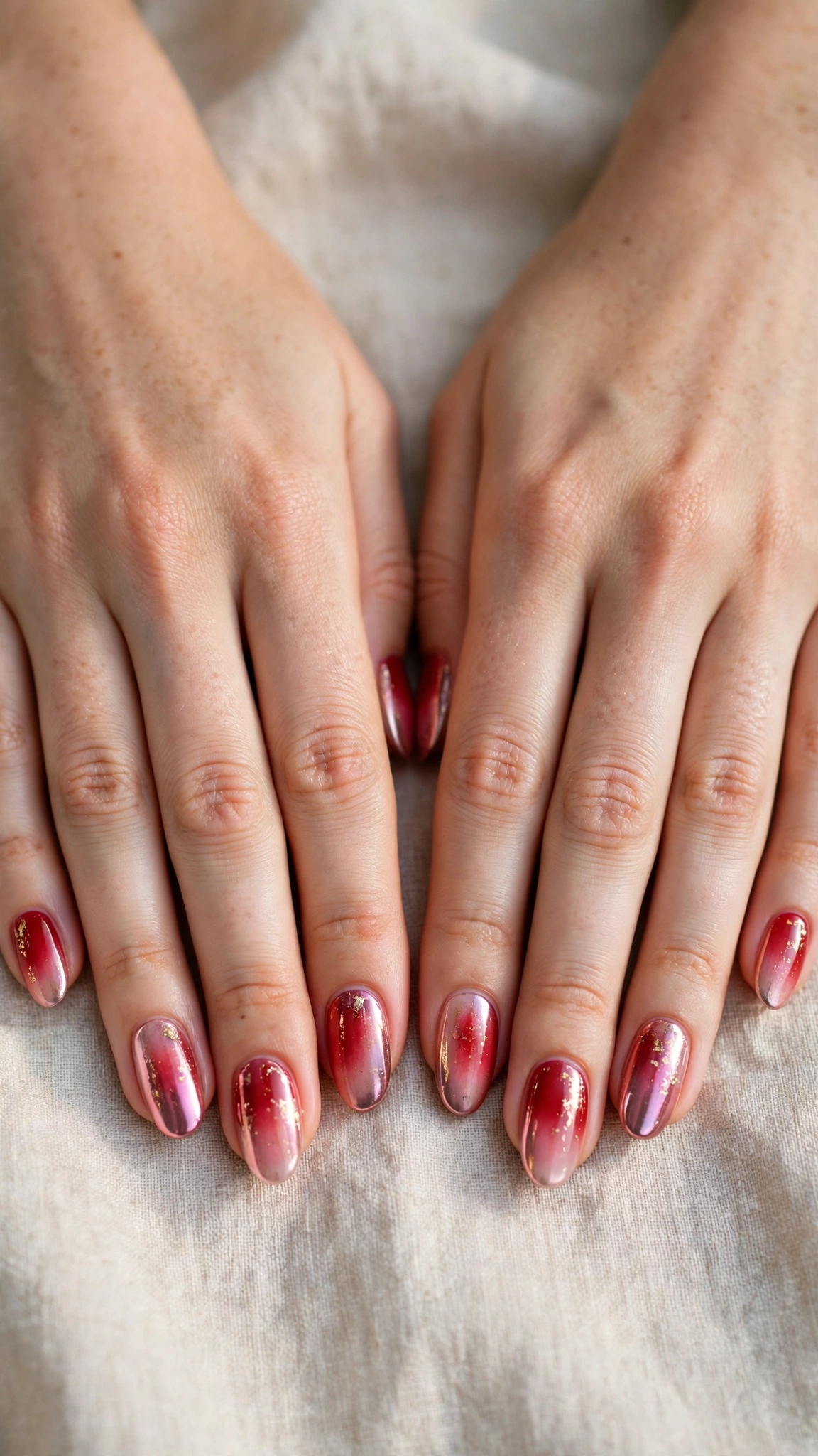 Romantic Red and Pink Ombre Nails in Oval with Fine Gold Foil Fleck