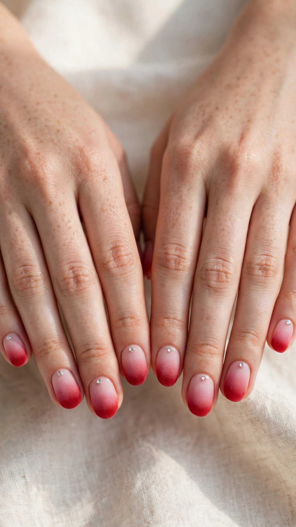 Romantic Red and Pink Ombre Nails in Short Oval with Tiny Crystal