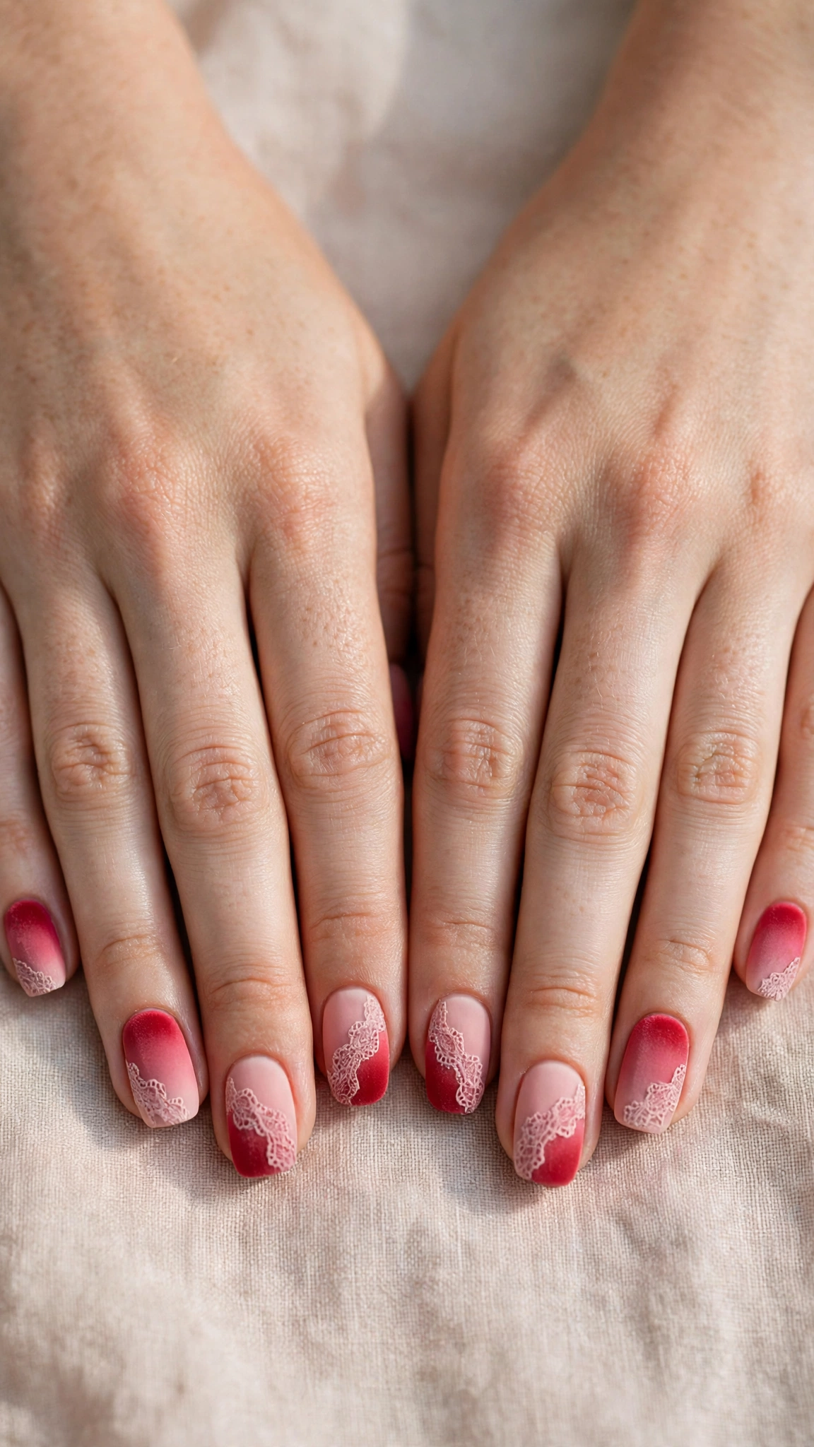 Romantic Red and Pink Ombre Nails in Rounded Square with Lace-Like Detail