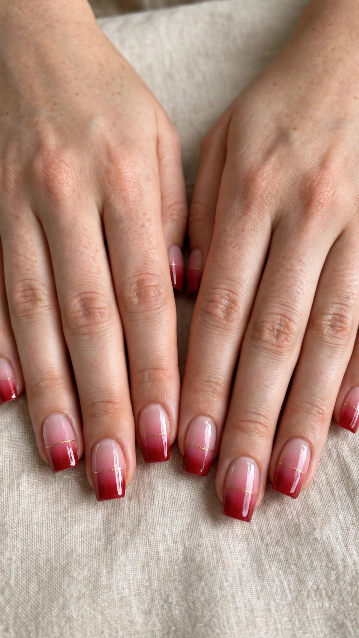 Romantic Red and Pink Ombre Nails in Square with Tiny Gold Line