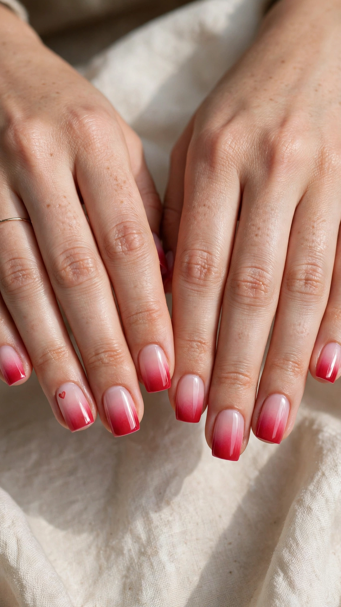 Romantic Red and Pink Ombre Nails in Short Square with Single Tiny Heart