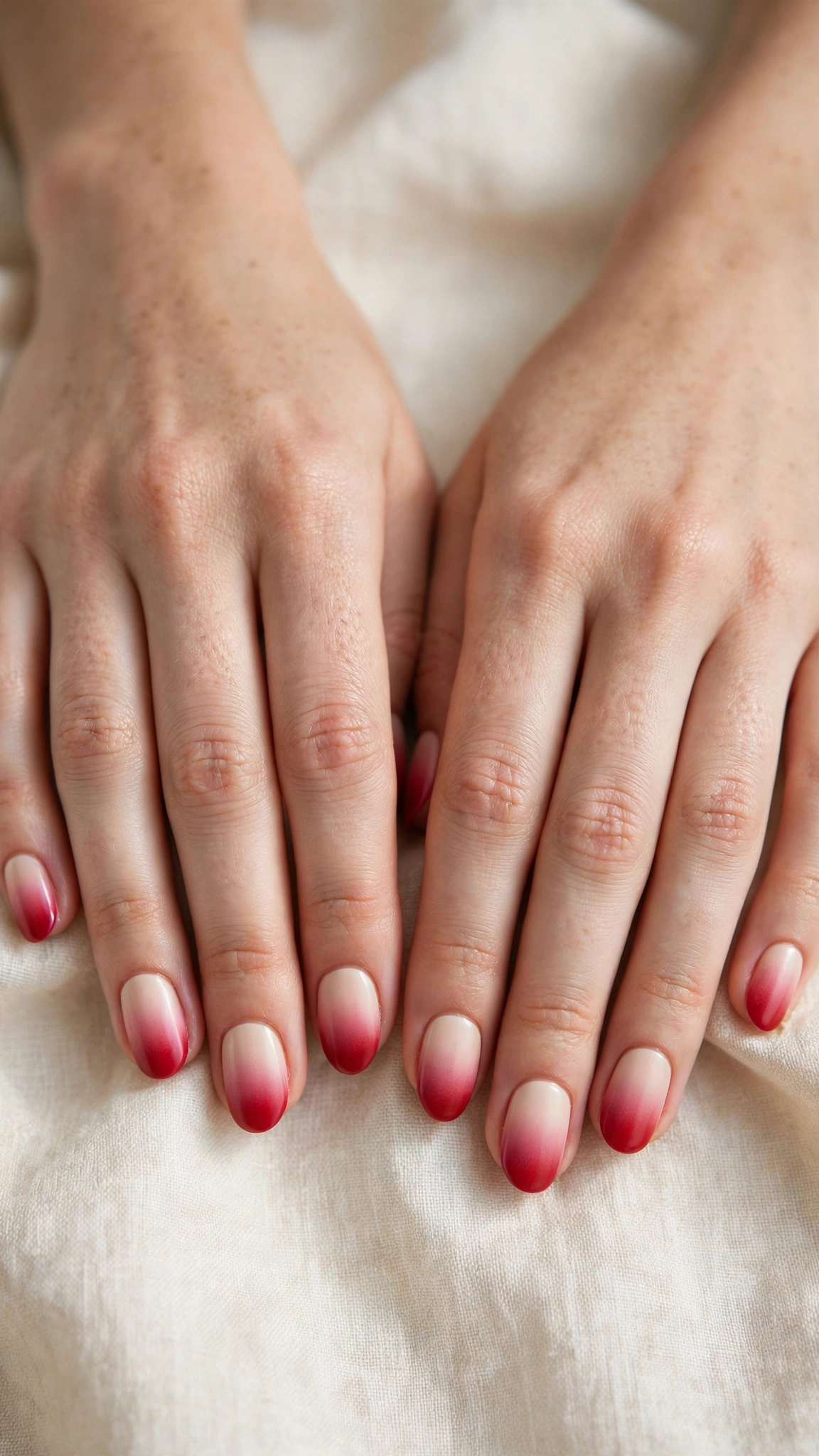 Romantic Red and Pink Ombre Nails in Round with Soft Ombre Fade