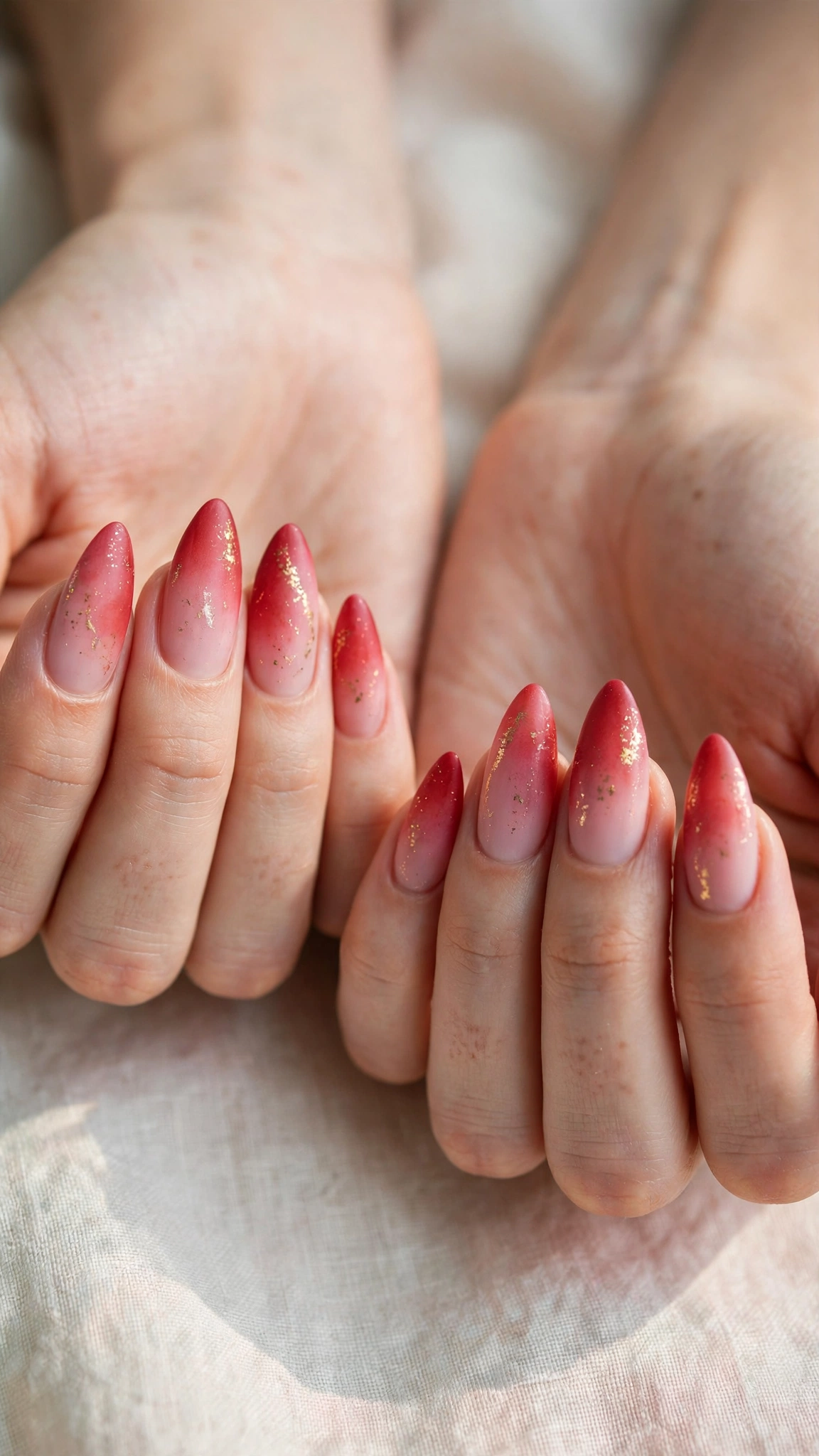 Romantic Red and Pink Ombre Nails in Soft Stiletto with Fine Gold Foil Fleck