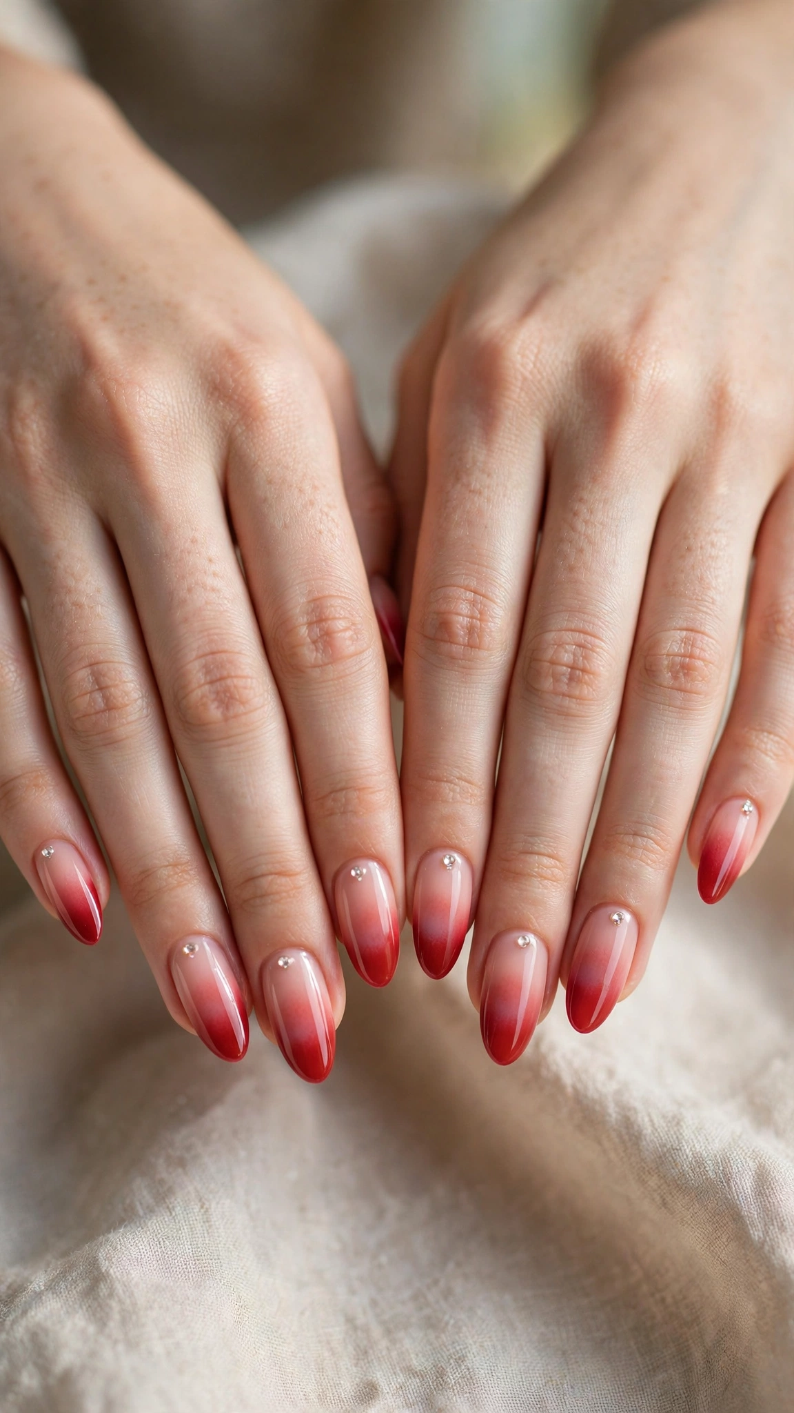 Romantic Red and Pink Ombre Nails in Almond with Tiny Crystal