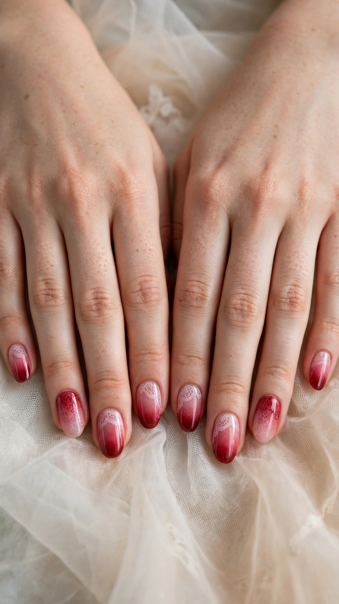 Romantic Red and Pink Ombre Nails in Oval with Lace-Like Detail