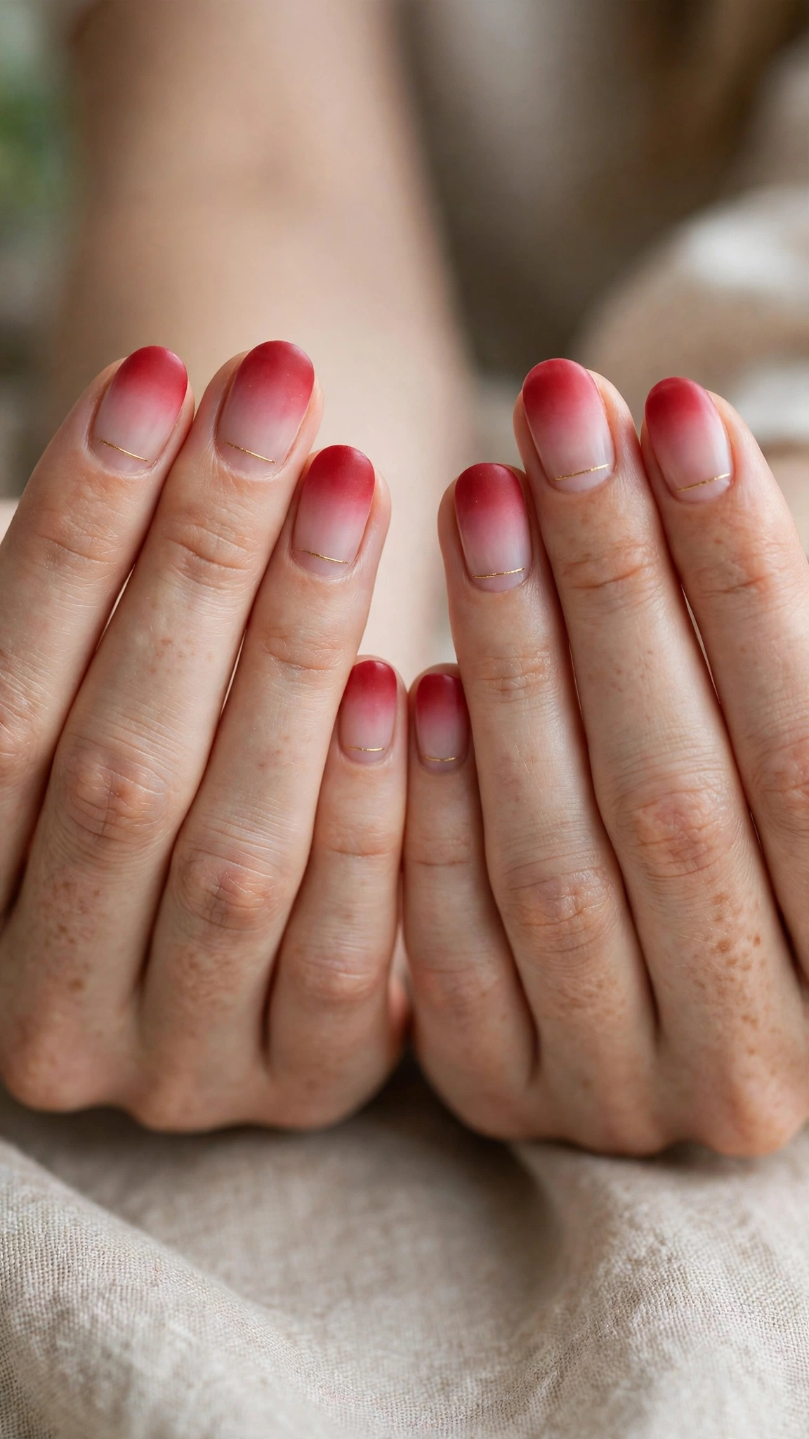 Romantic Red and Pink Ombre Nails in Short Oval with Tiny Gold Line