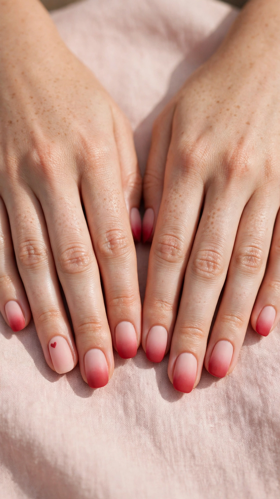 Romantic Red and Pink Ombre Nails in Rounded Square with Single Tiny Heart