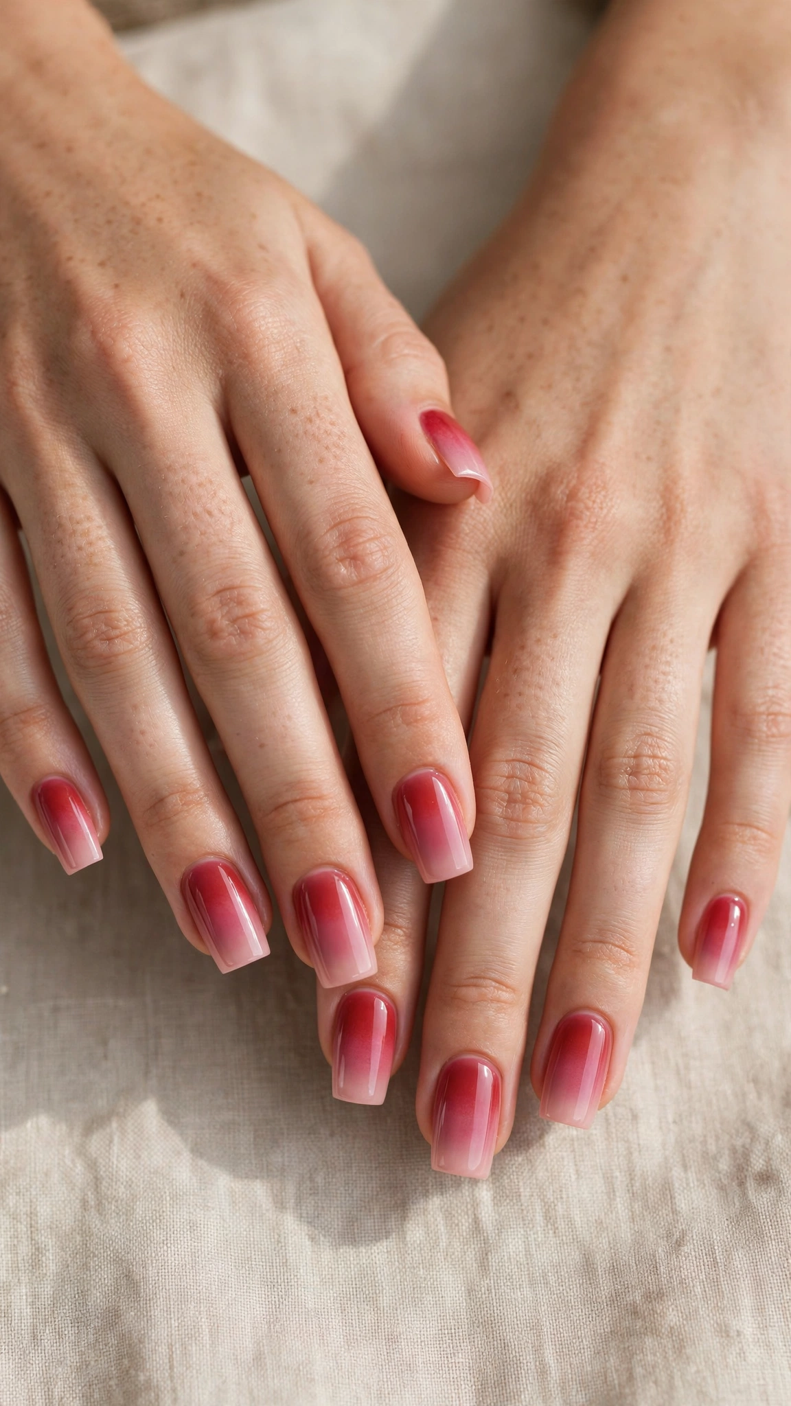 Romantic Red and Pink Ombre Nails in Square with Soft Ombre Fade