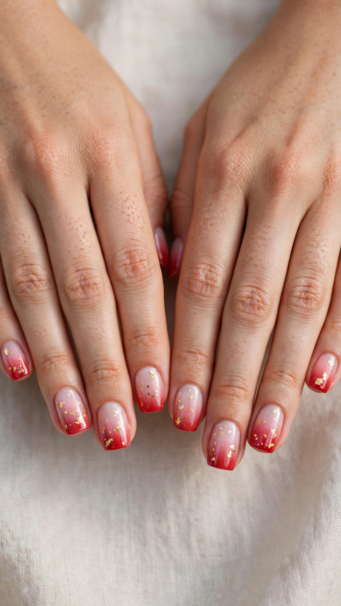Romantic Red and Pink Ombre Nails in Short Square with Fine Gold Foil Fleck