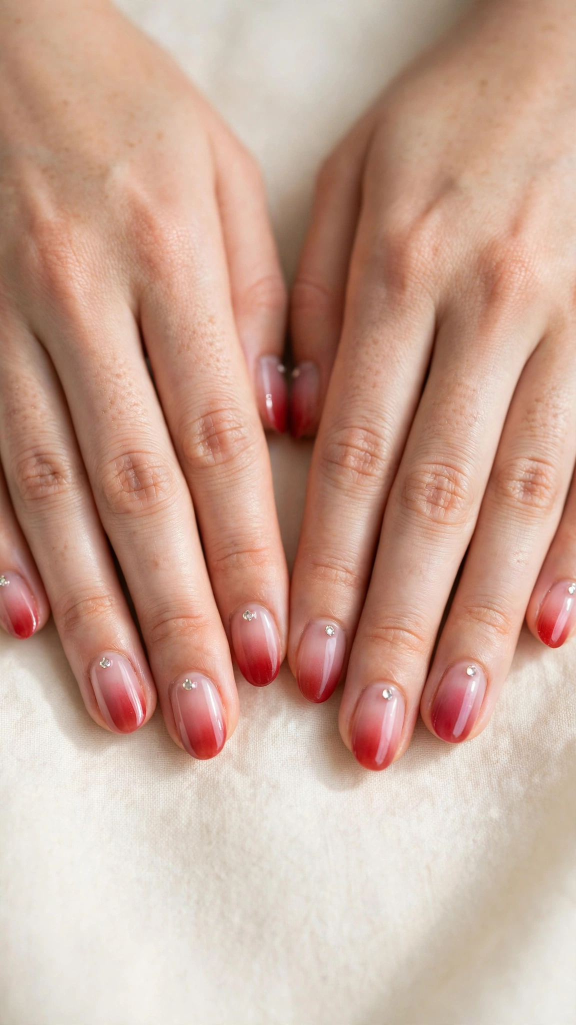 Romantic Red and Pink Ombre Nails in Round with Tiny Crystal