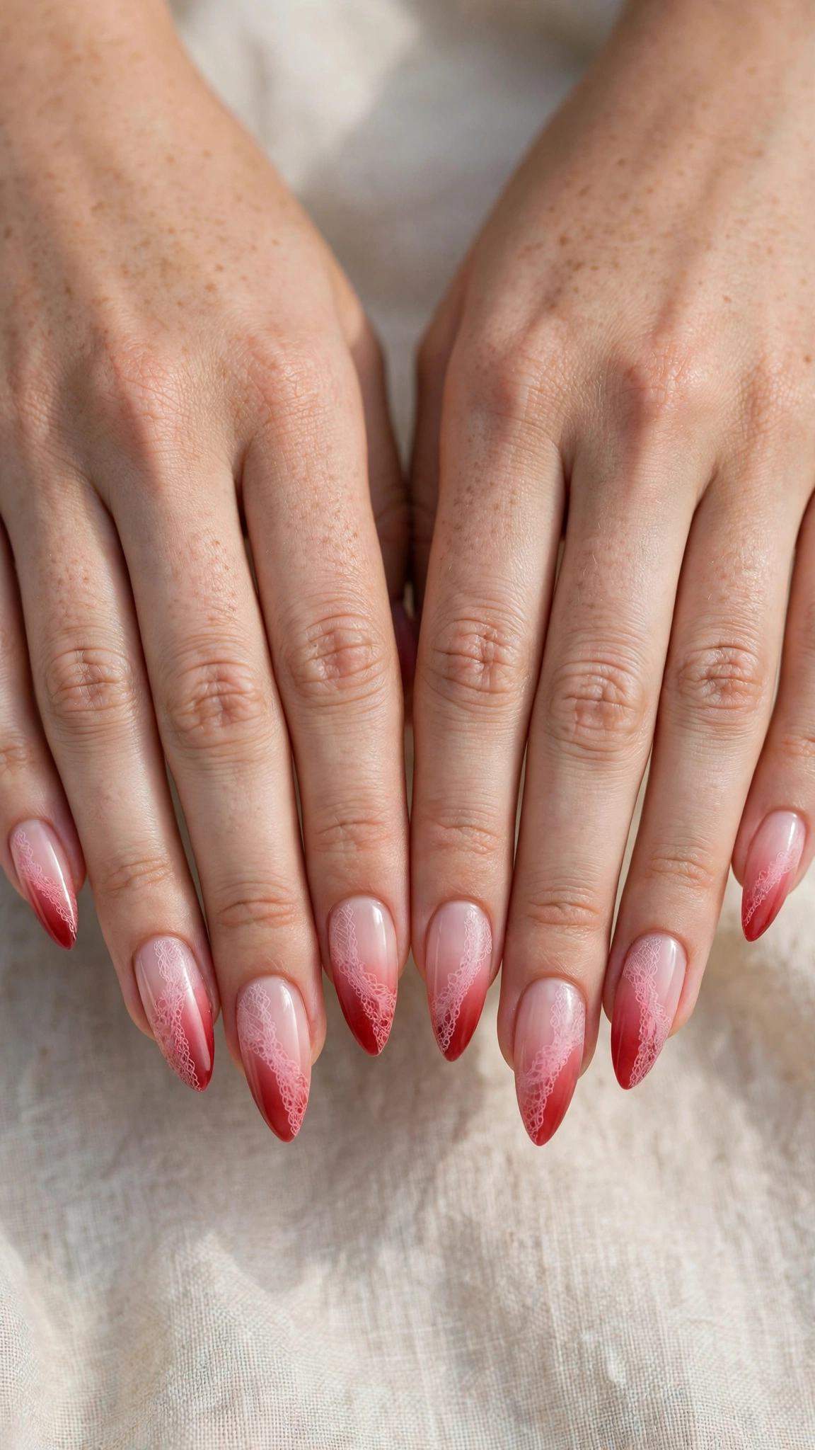 Romantic Red and Pink Ombre Nails in Soft Stiletto with Lace-Like Detail