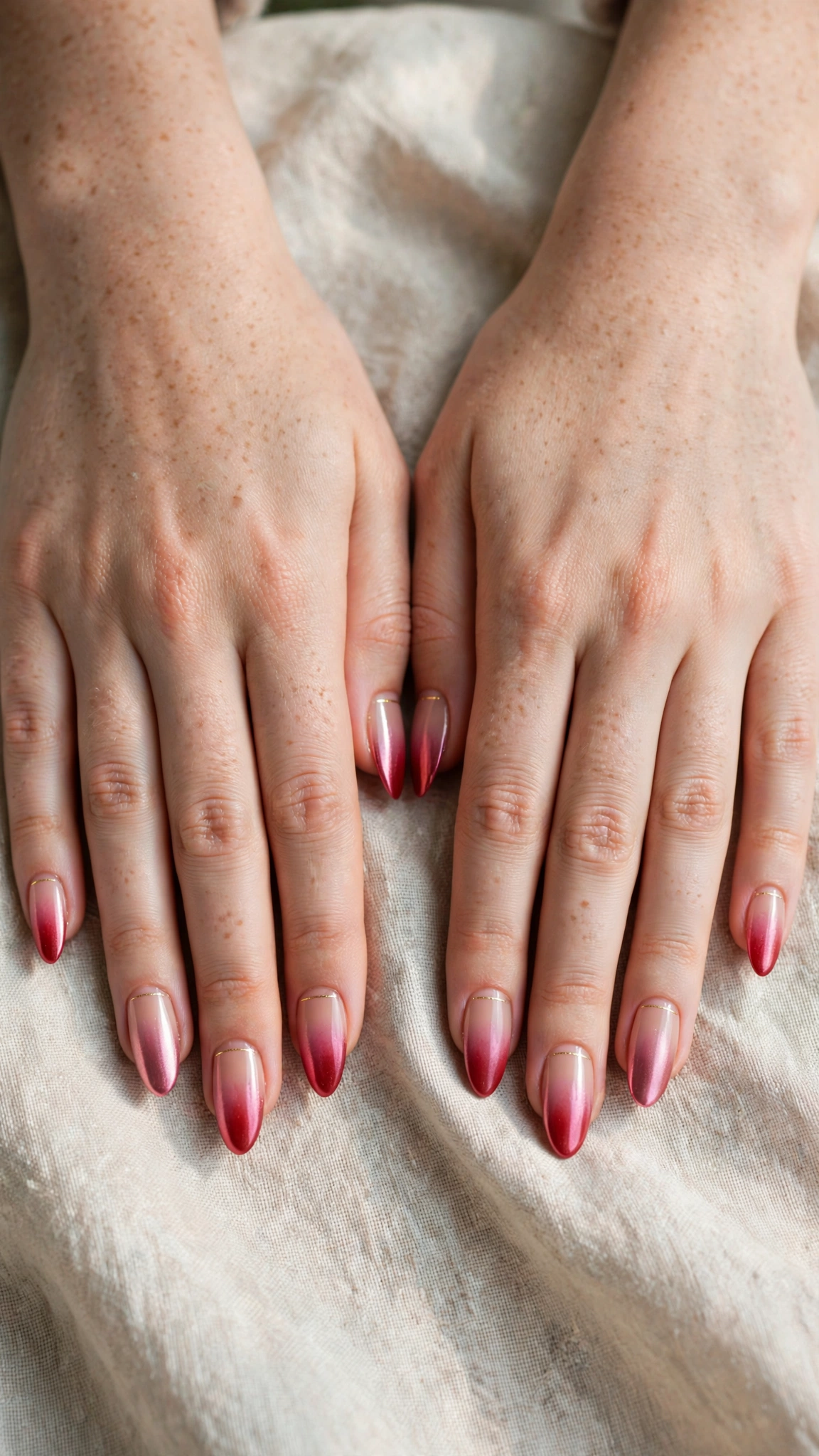 Romantic Red and Pink Ombre Nails in Almond with Tiny Gold Line Chrome Finish