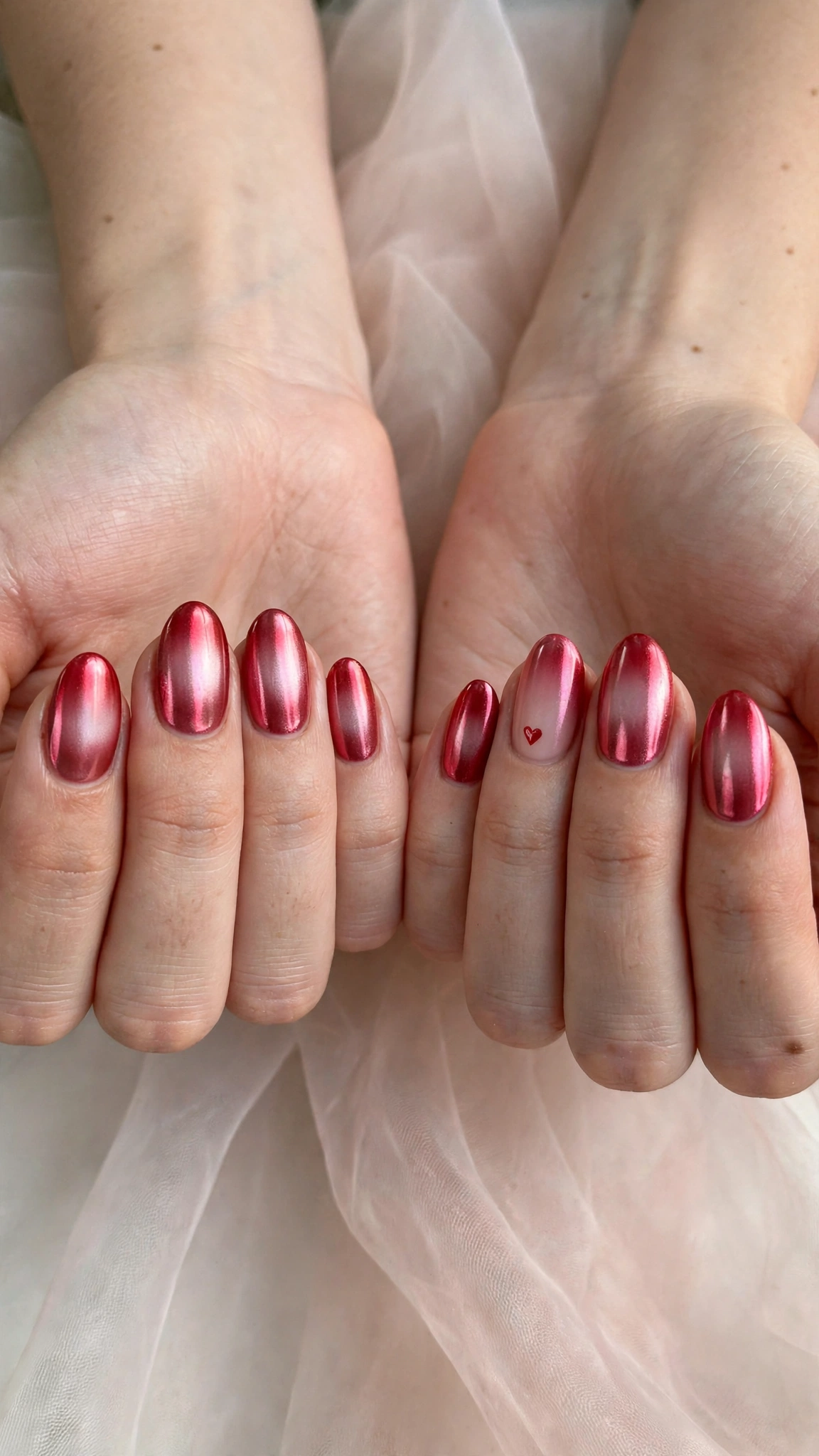Romantic Red and Pink Ombre Nails in Oval with Single Tiny Heart Chrome Finish
