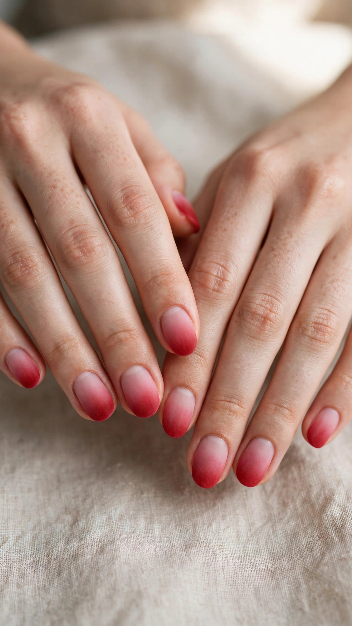 Romantic Red and Pink Ombre Nails in Short Oval with Soft Ombre Fade Velvet-Matte Finish