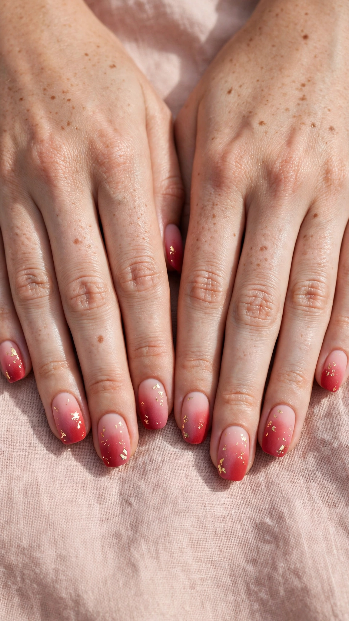 Romantic Red and Pink Ombre Nails in Rounded Square with Fine Gold Foil Fleck Velvet-Matte Finish