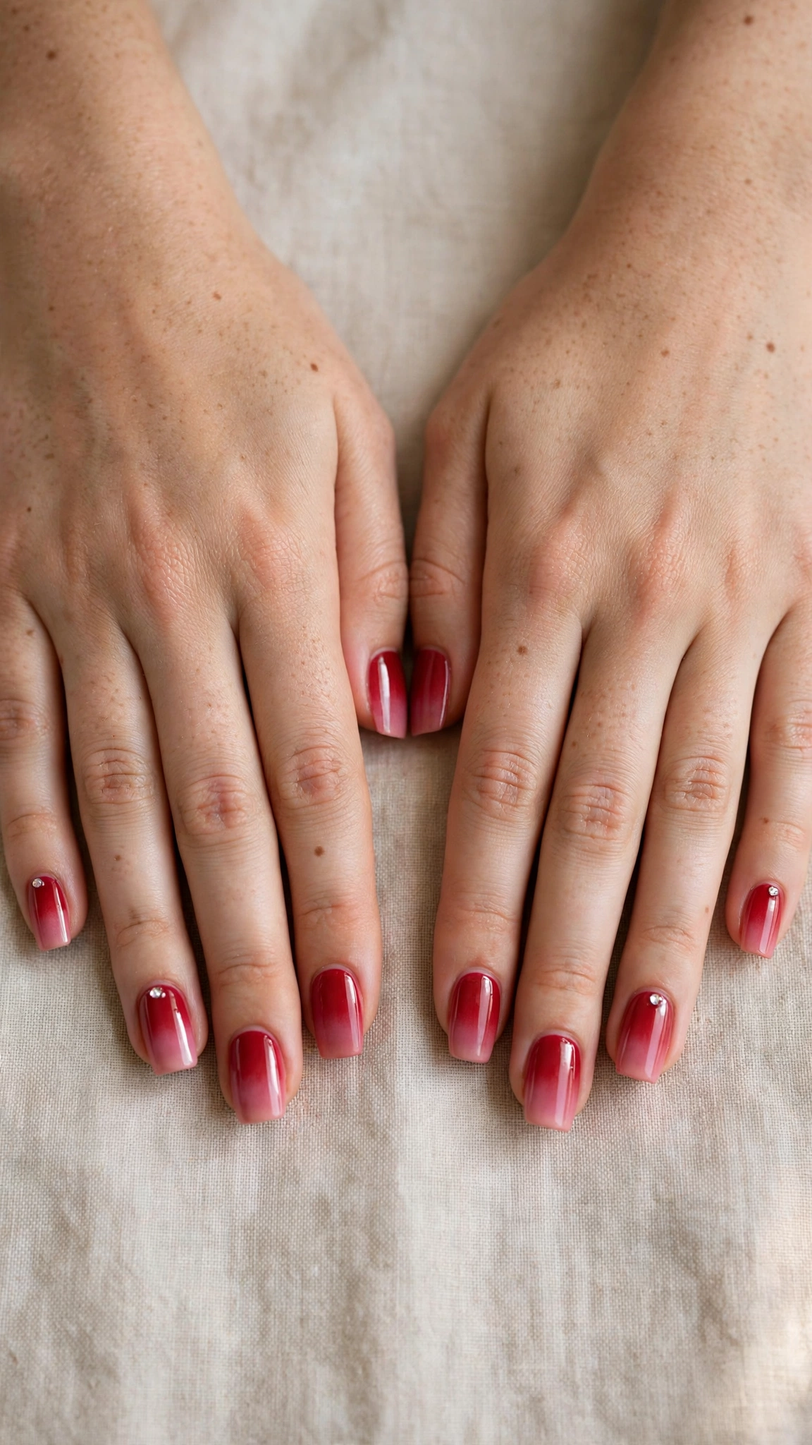 Romantic Red and Pink Ombre Nails in Square with Tiny Crystal High-Shine Finish