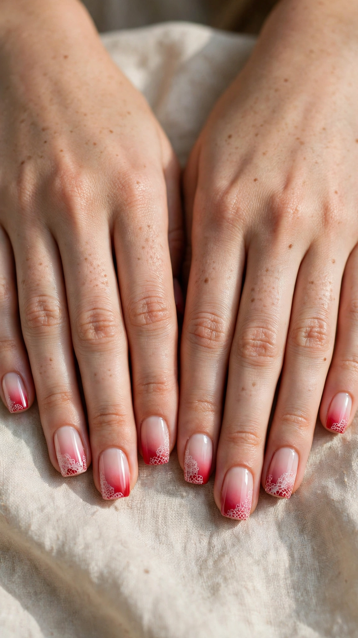 Romantic Red and Pink Ombre Nails in Short Square with Lace-Like Detail High-Shine Finish