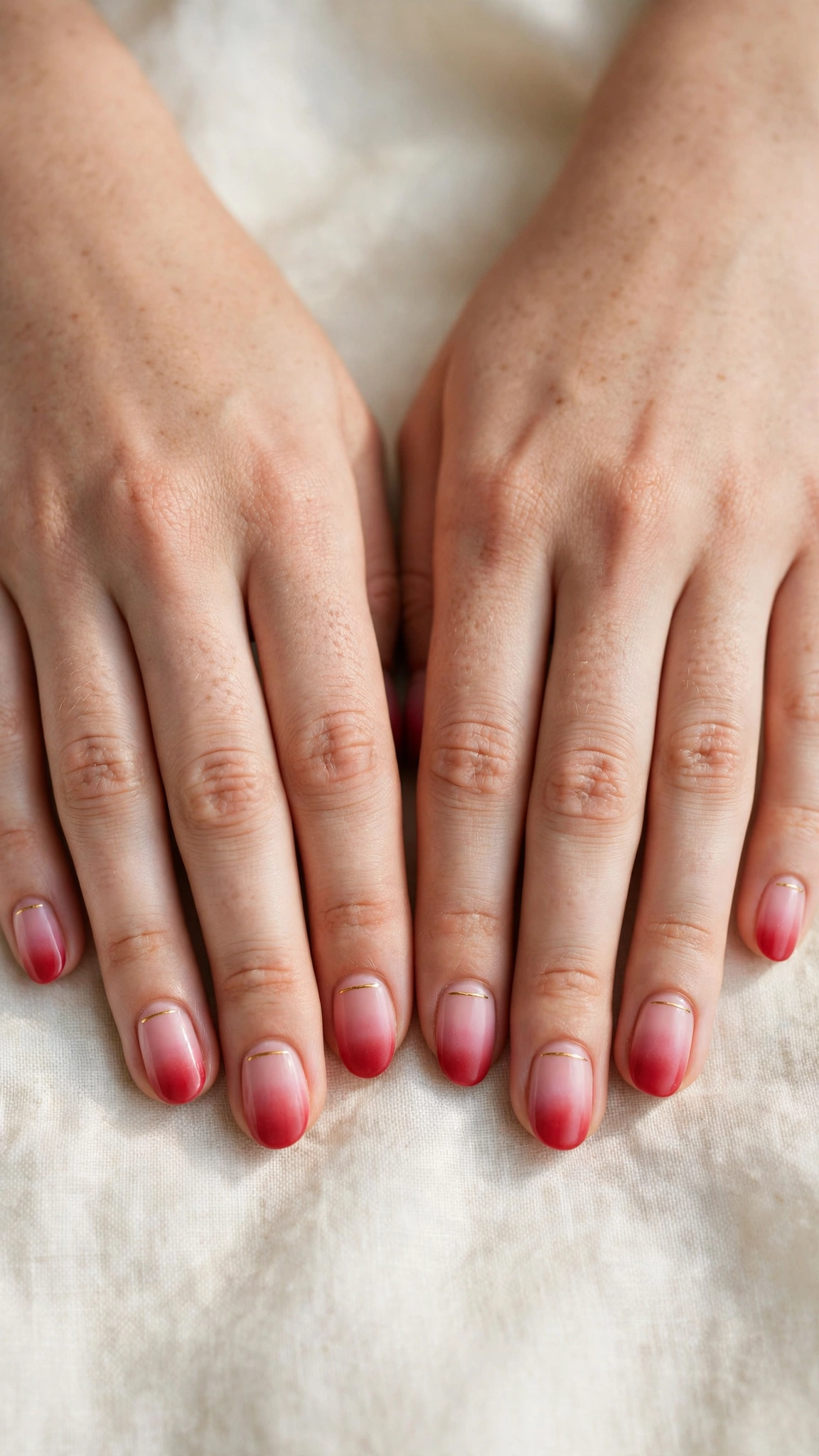 Romantic Red and Pink Ombre Nails in Round with Tiny Gold Line Satin Finish
