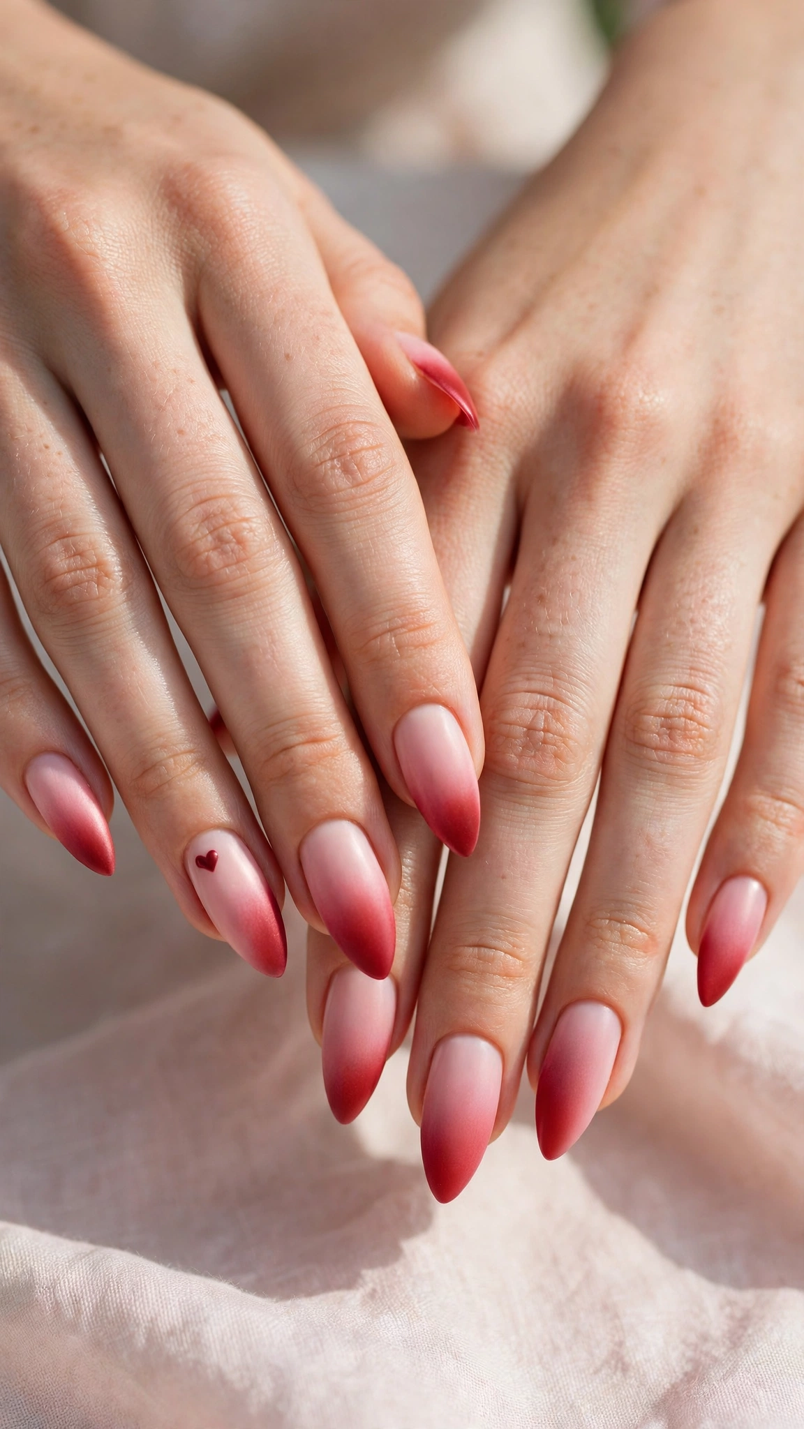 Romantic Red and Pink Ombre Nails in Soft Stiletto with Single Tiny Heart Satin Finish