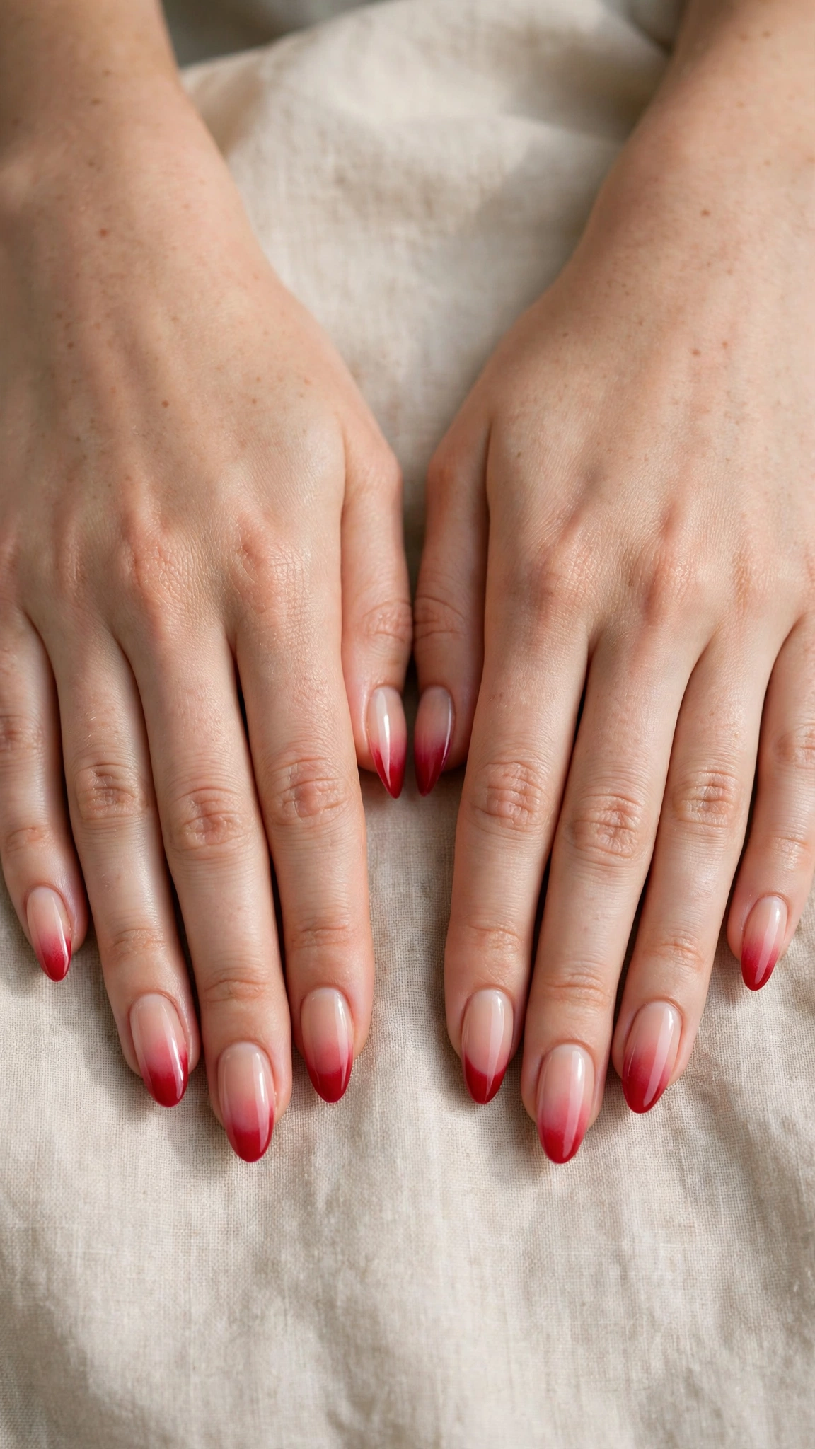 Romantic Red and Pink Ombre Nails in Almond with Soft Ombre Fade Glossy Finish