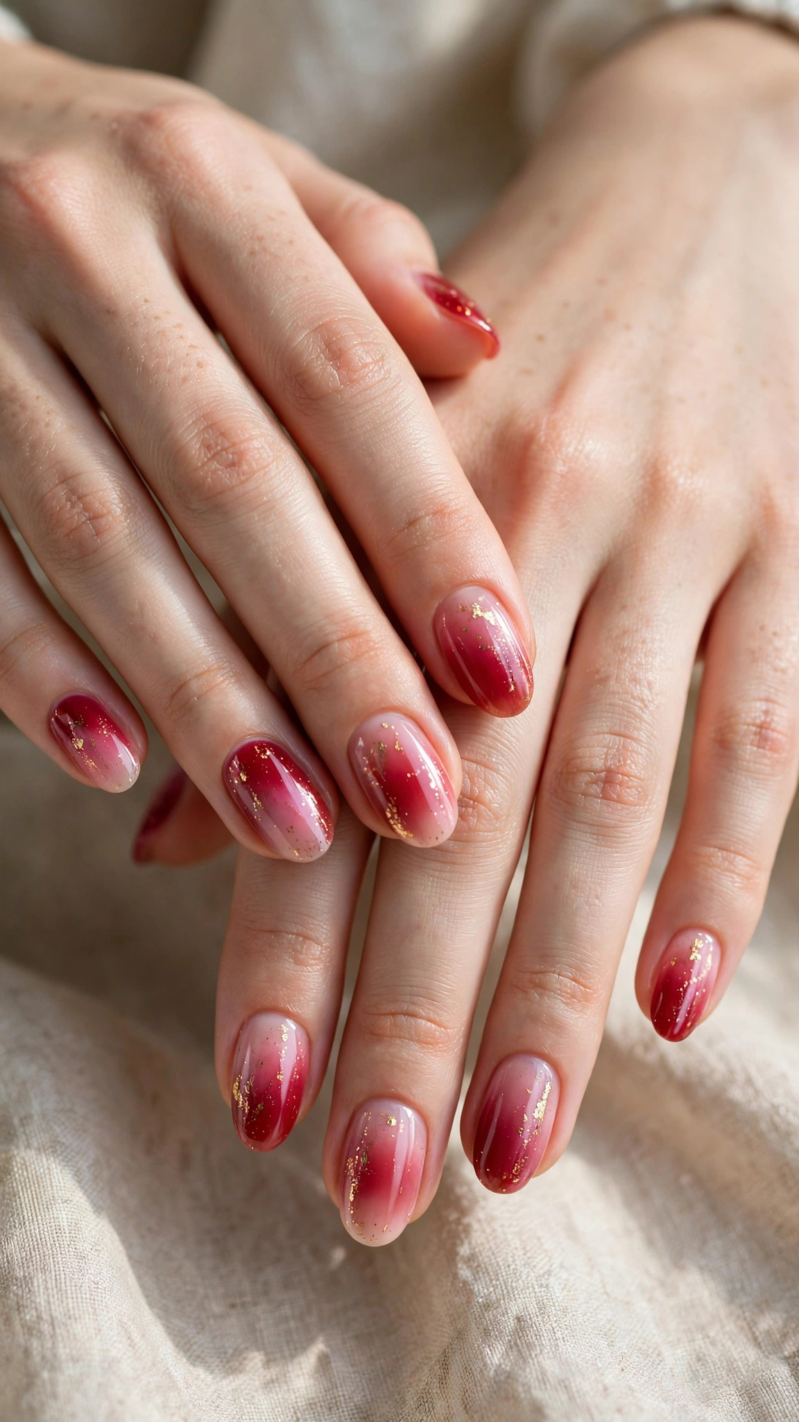 Romantic Red and Pink Ombre Nails in Oval with Fine Gold Foil Fleck Glossy Finish
