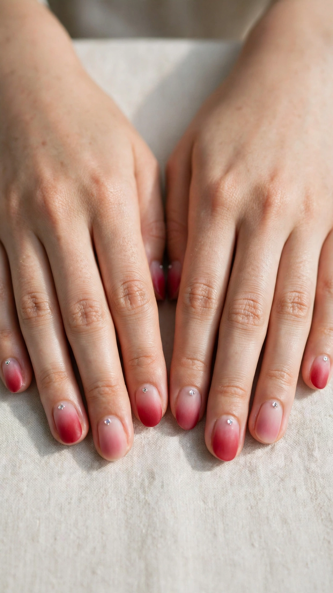 Romantic Red and Pink Ombre Nails in Short Oval with Tiny Crystal Matte Finish