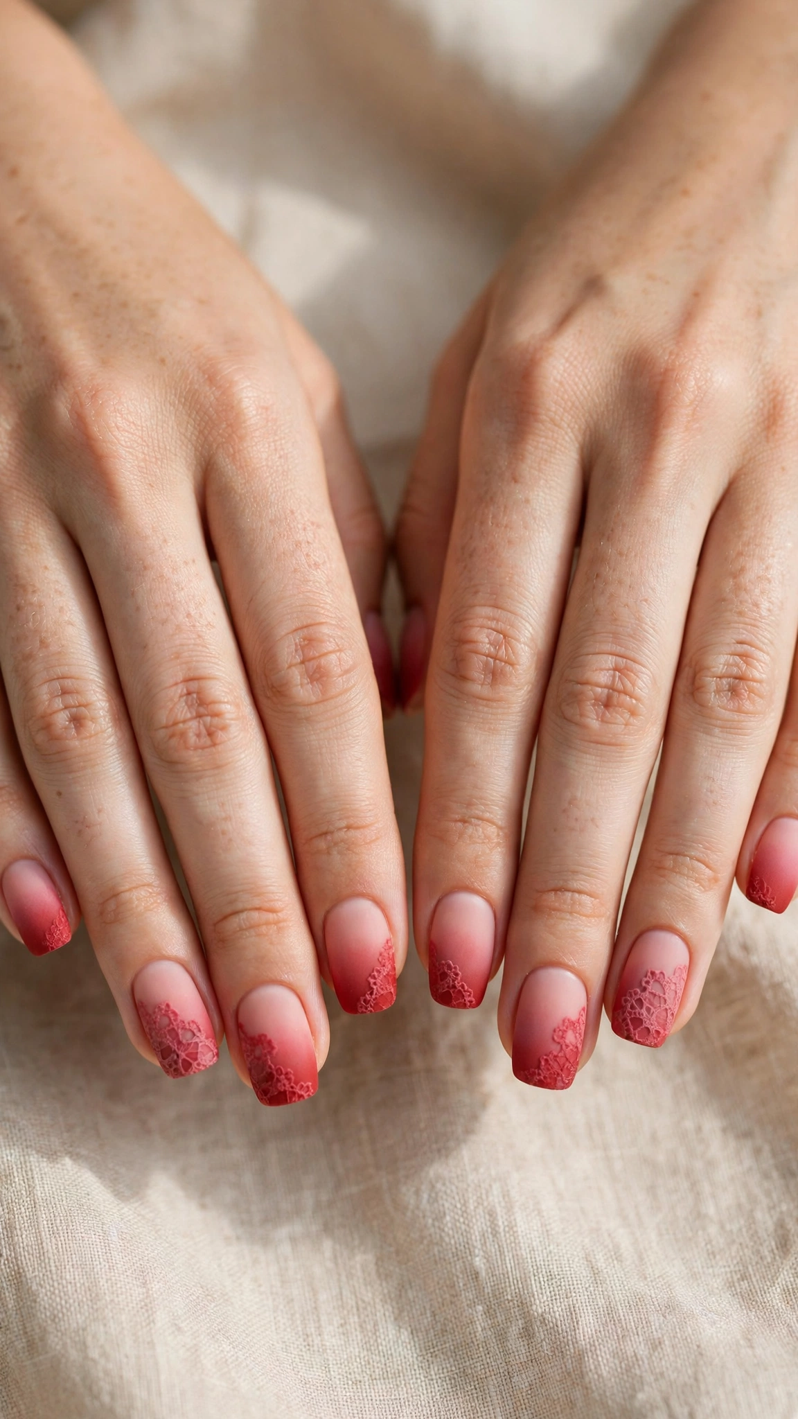 Romantic Red and Pink Ombre Nails in Rounded Square with Lace-Like Detail Matte Finish