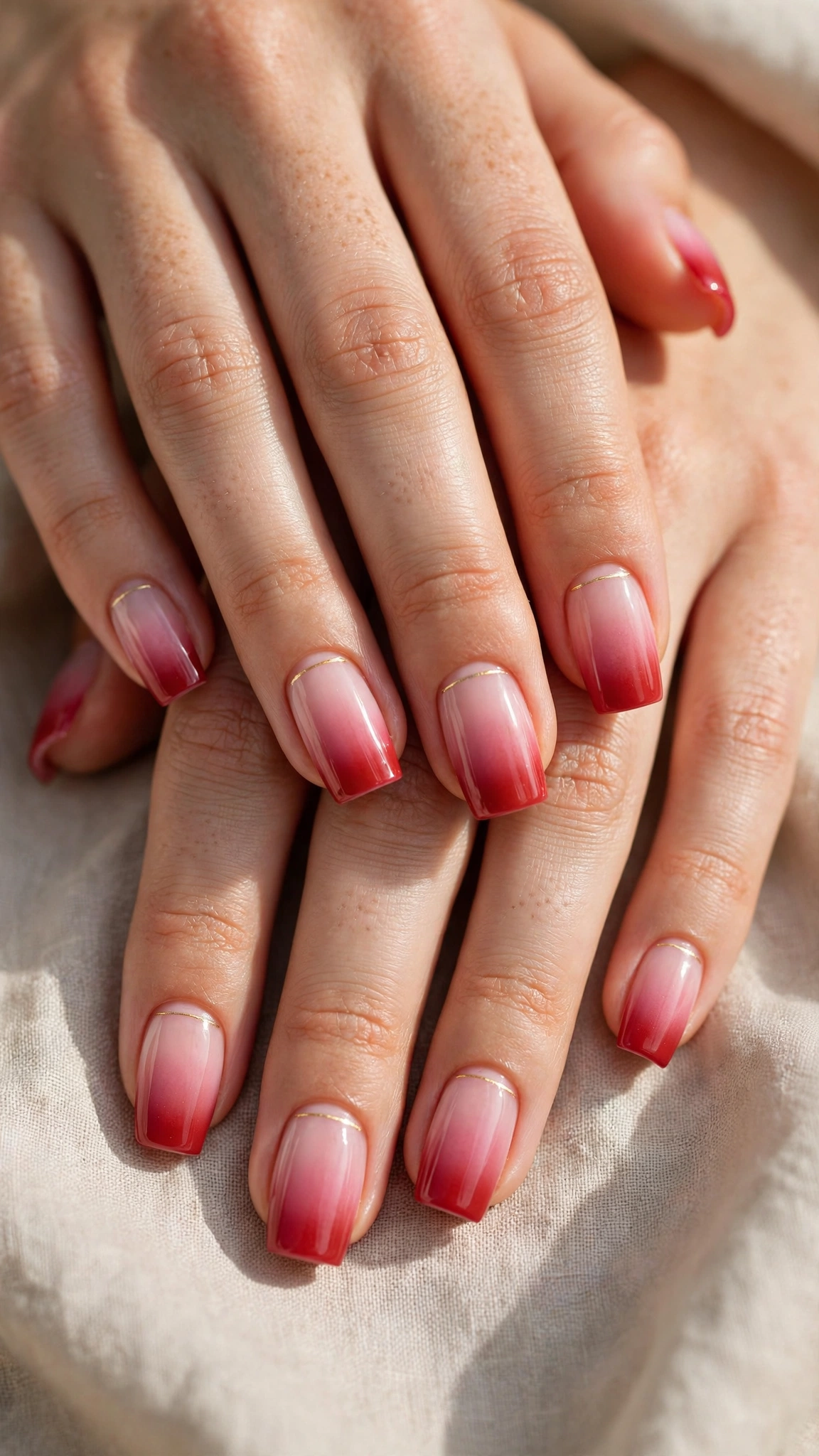 Romantic Red and Pink Ombre Nails in Square with Tiny Gold Line Glazed Finish