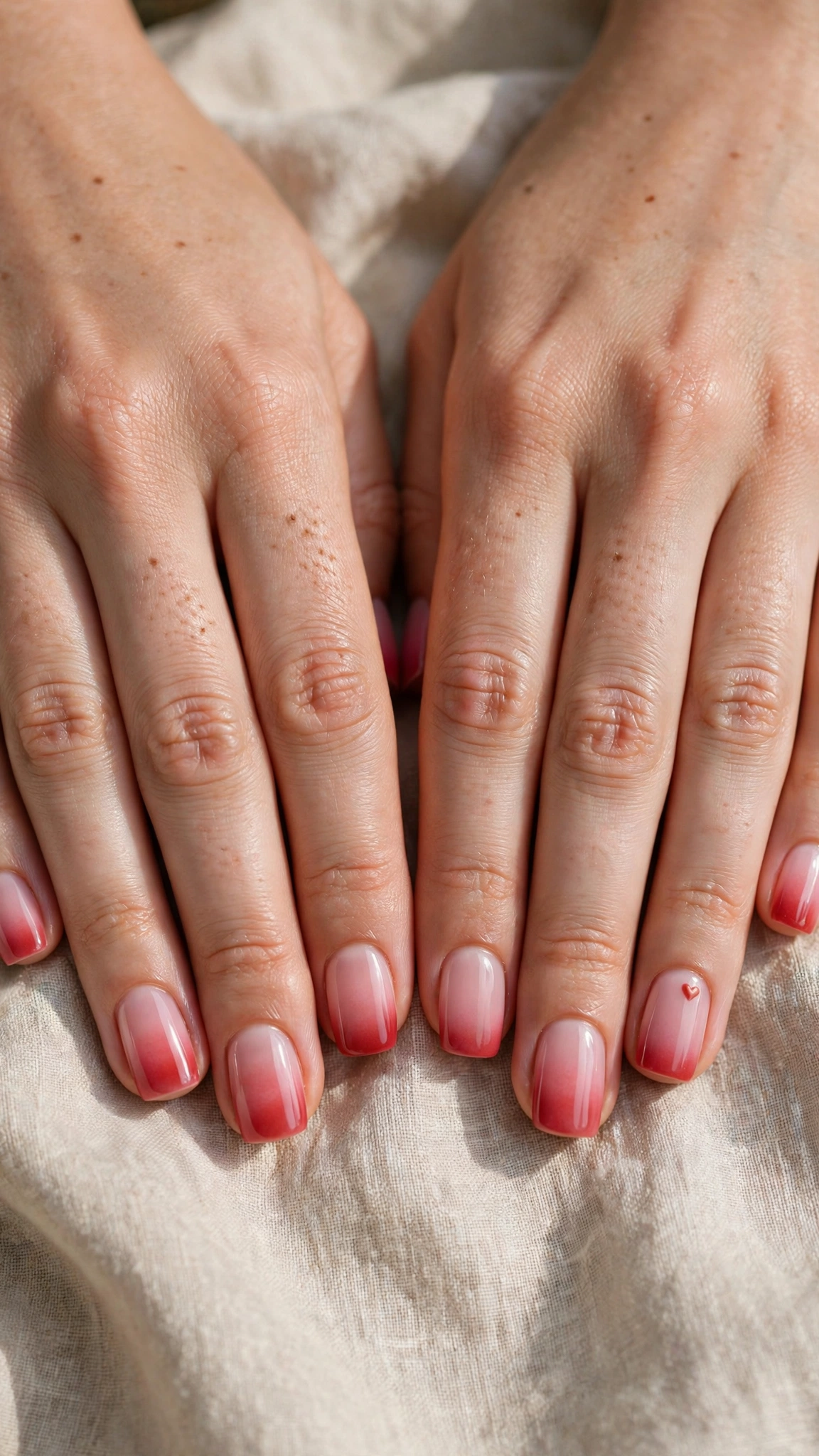 Romantic Red and Pink Ombre Nails in Short Square with Single Tiny Heart Glazed Finish