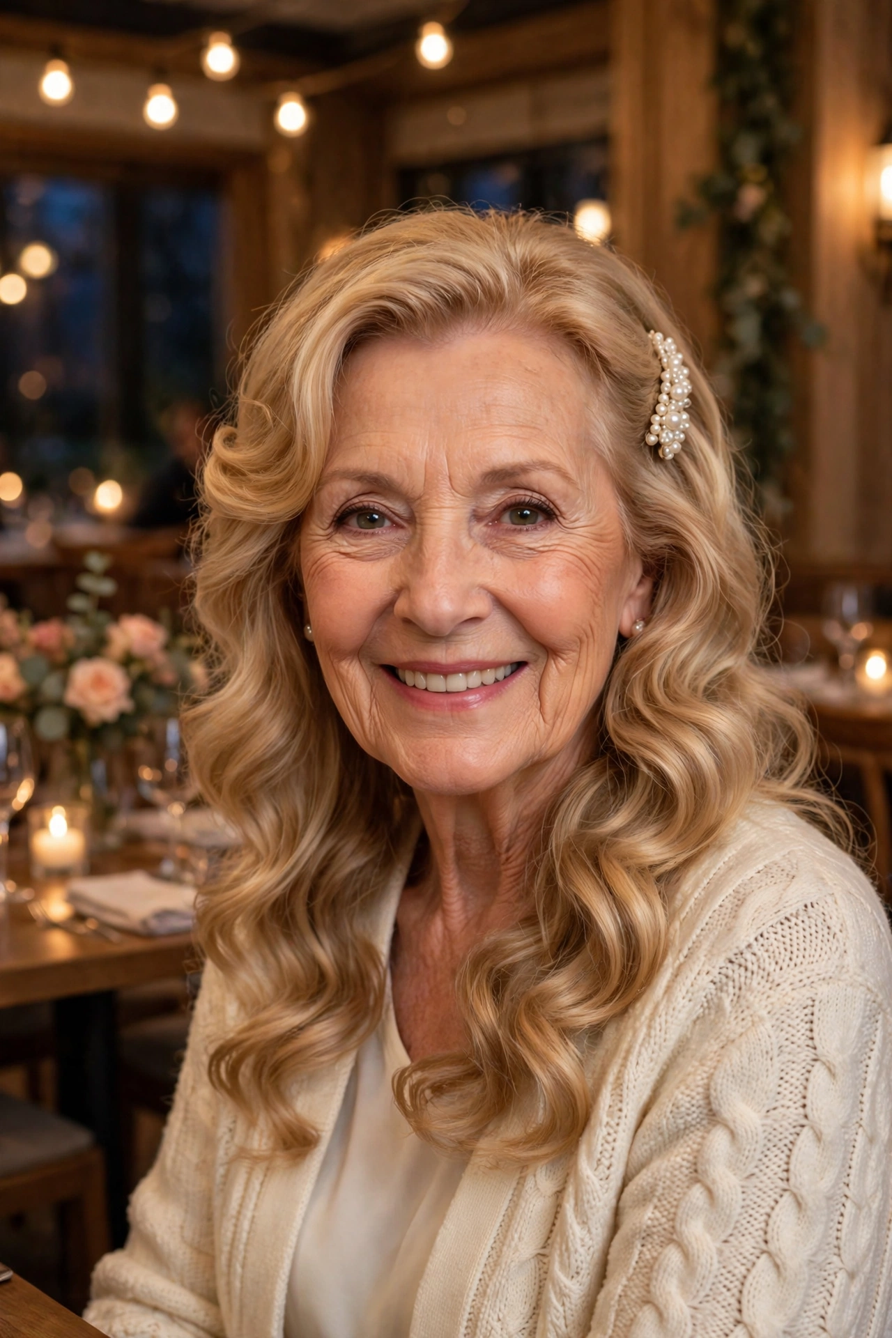romantic waves with a pretty clip in honey blonde with a pearl clip