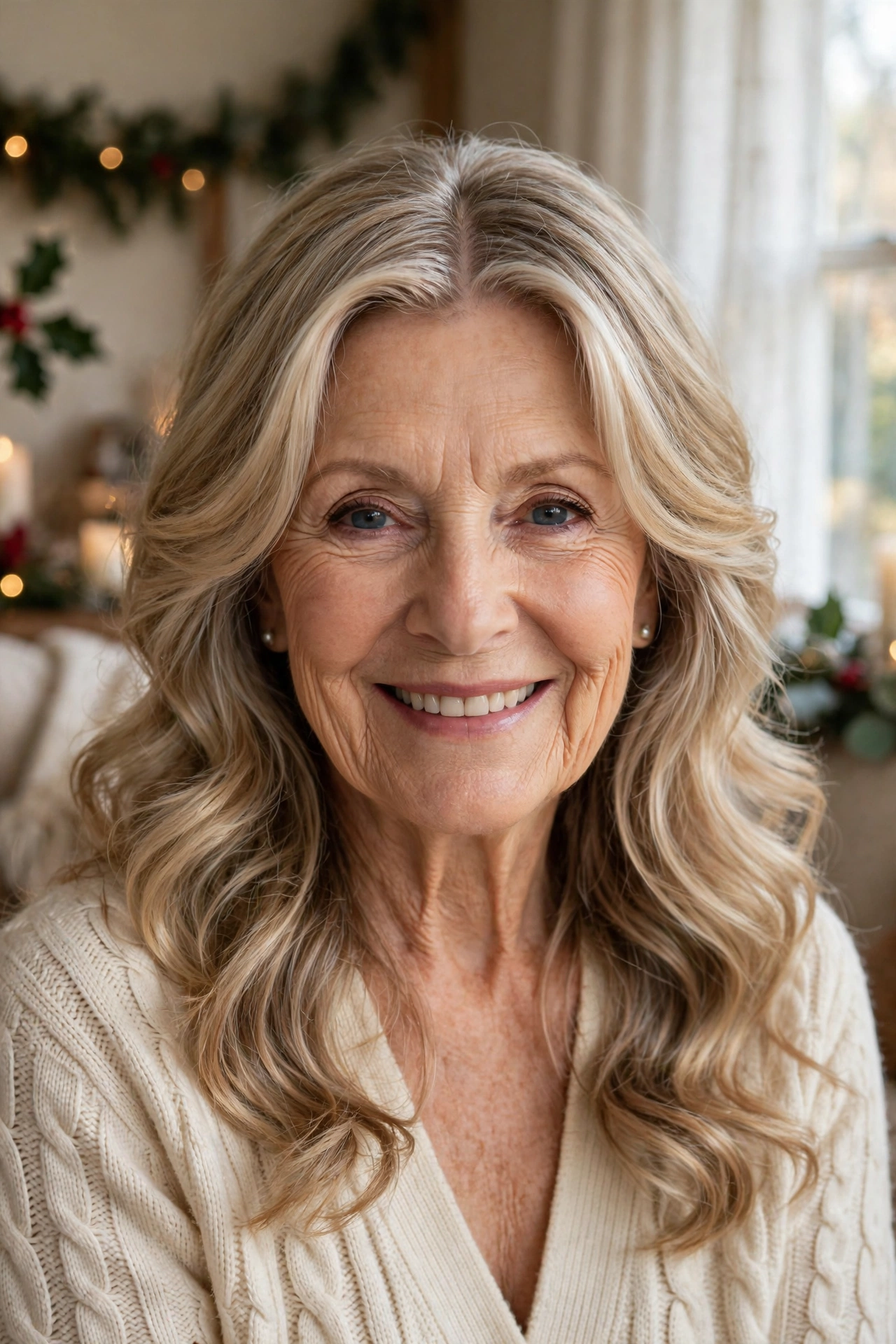 romantic waves with face-framing layers in honey blonde with centre part
