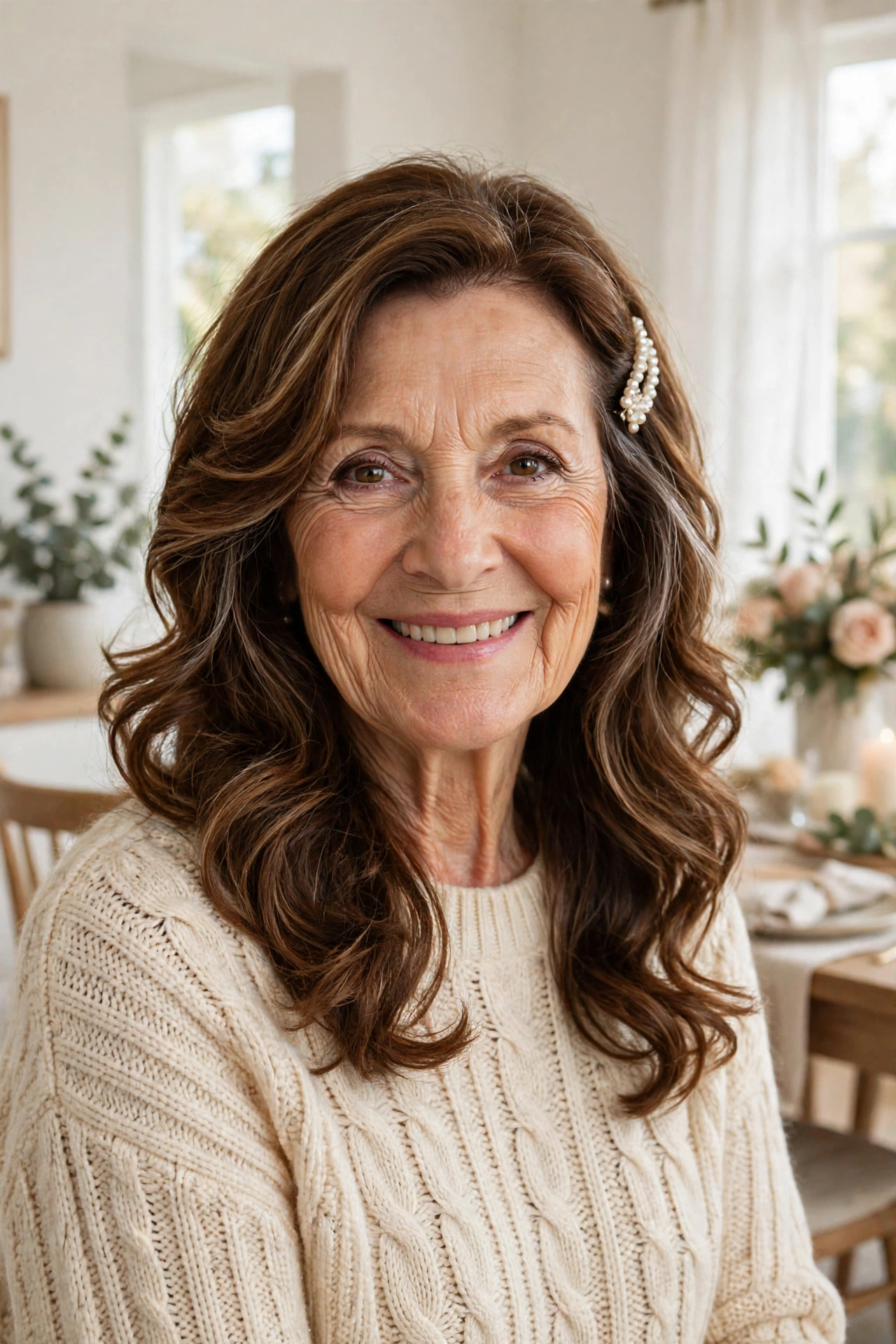 romantic waves with face-framing layers in chestnut brown with a pearl clip