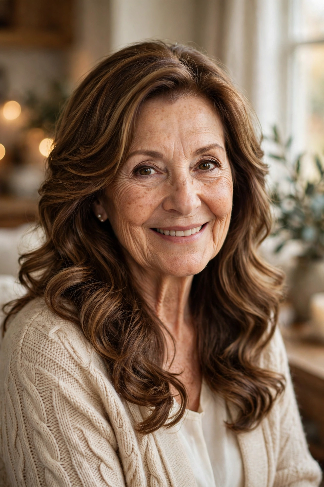 romantic waves with long layers in chestnut brown with side part